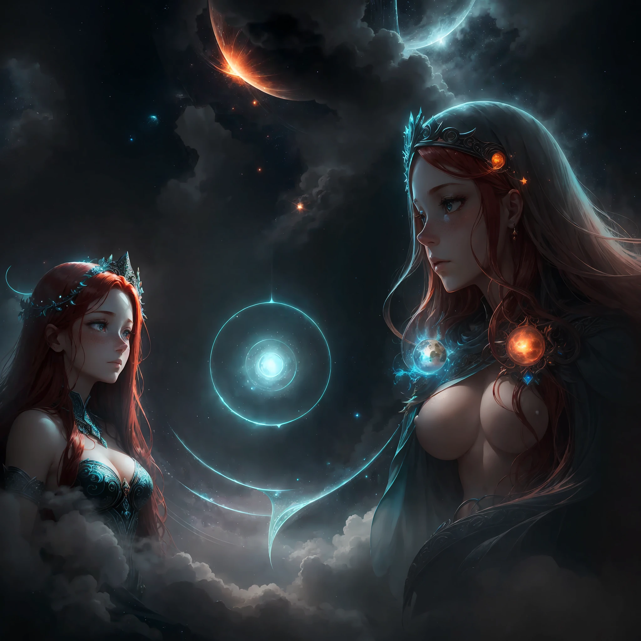 Create an image that depicts the encounter between Máterum the Primordial and the goddesses Lésnar and Réslar emerging from the fog of Hungu². Máterum, an imposing and divine figure, curiously observes the goddesses, who possess divine features, delicate bodies and small pairs of breasts. The goddesses have beautiful black eyes, straight red hair, and display charming freckles. The image should convey the mixture of curiosity, fear and fascination in this encounter. The setting should reflect the grandeur of the planet, with the fog enveloping the scene. Add elements that refer to the energy of the planets and stars. Highlight the expressions of the goddesses, revealing their shyness and discomfort before the powerful Máterum. The image should convey a magical and mysterious atmosphere, with details that highlight the importance of this encounter for the narrative. --auto --s2