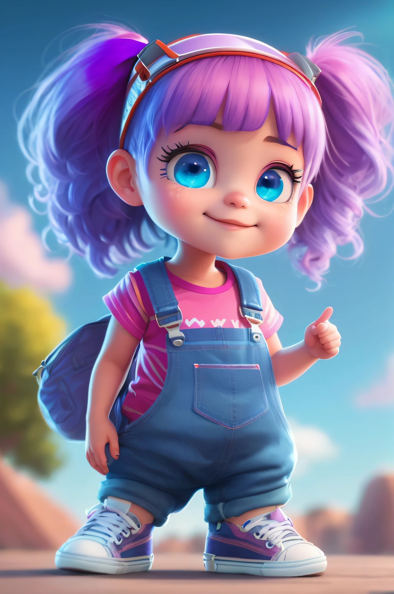 a cartoon girl with purple hair and blue eyes in overalls, children's art in artstation, cute cartoon character, adorable digital painting, cute detailed digital art, cute character, cute digital art, cartoon style illustration, cartoon art style, cute cartoon style, cute art style, cartoon art style,  render cute 3d, kawaii realistic portrait, girl portrait, cute portrait, walking to school, cheerful and childish landscape, 🤤