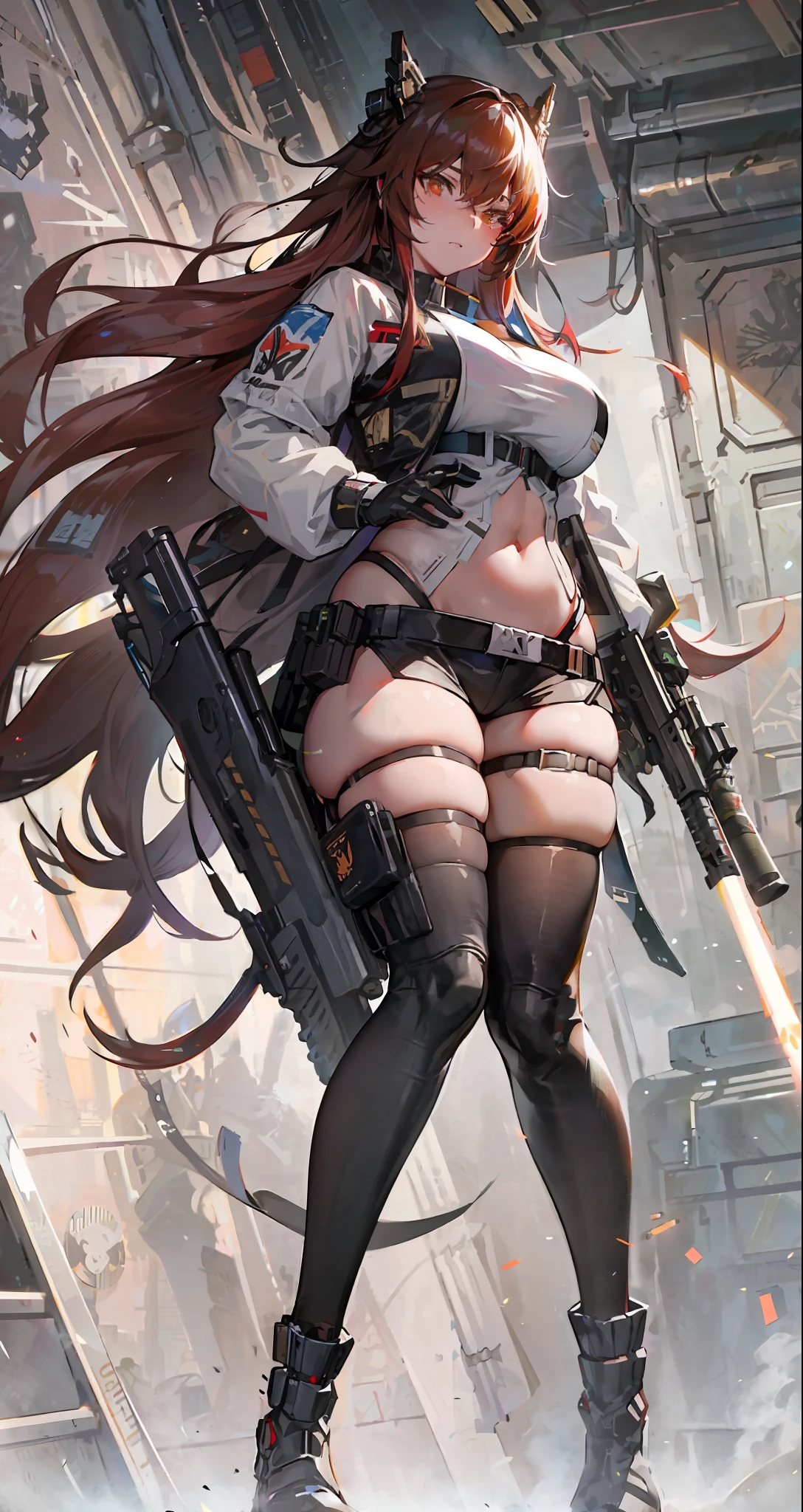 a woman with a gun and a gun in her hand, from girls frontline, fine details. girls frontline, girls frontline style, guweiz on artstation pixiv, cushart krenz key art feminine, thicc, guweiz on pixiv artstation, female action anime girl, artwork in the style of guweiz, girls frontline cg