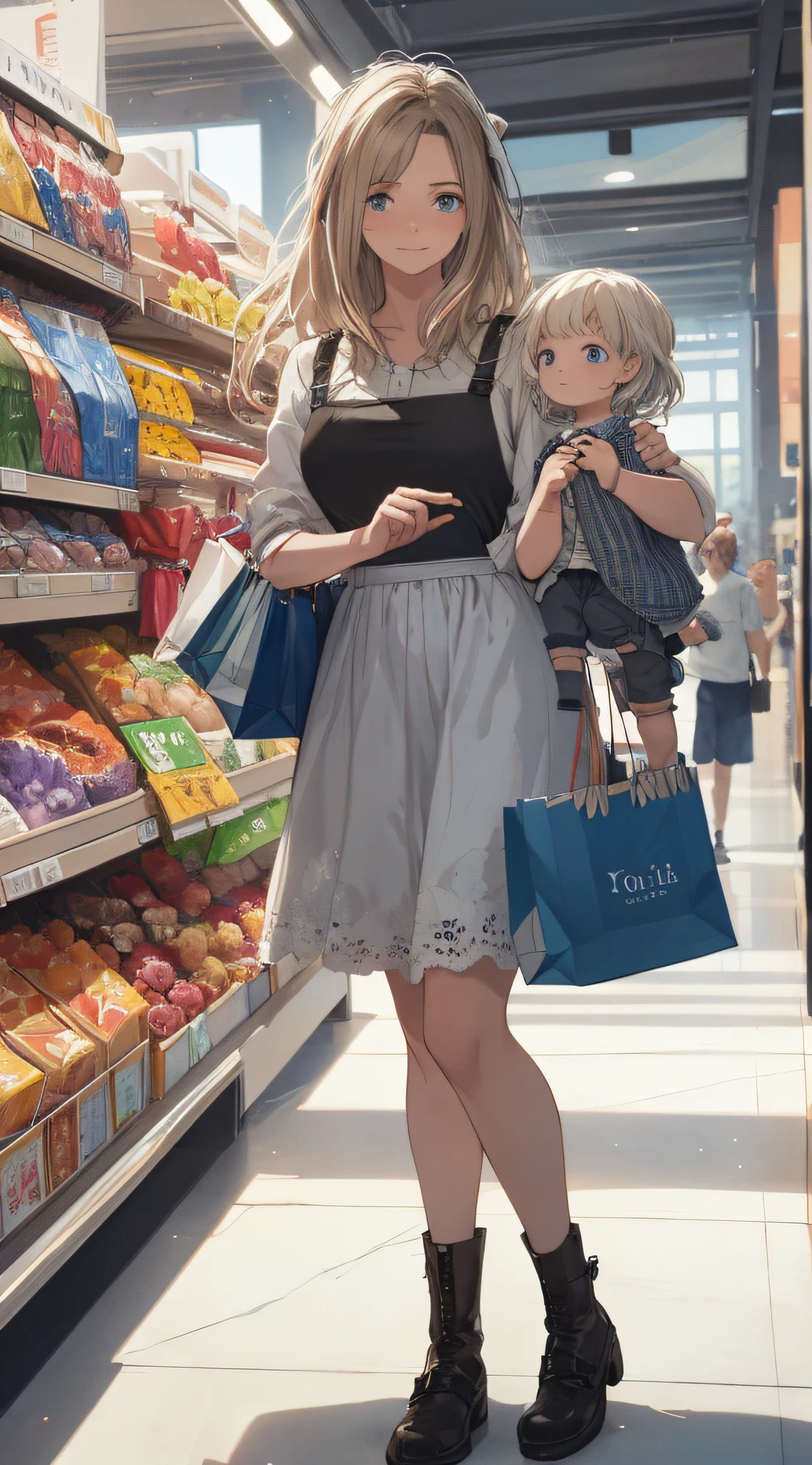 Realistic, (best quality, masterpiece: 1.3), (mother, child: 1.2), shopping in stores