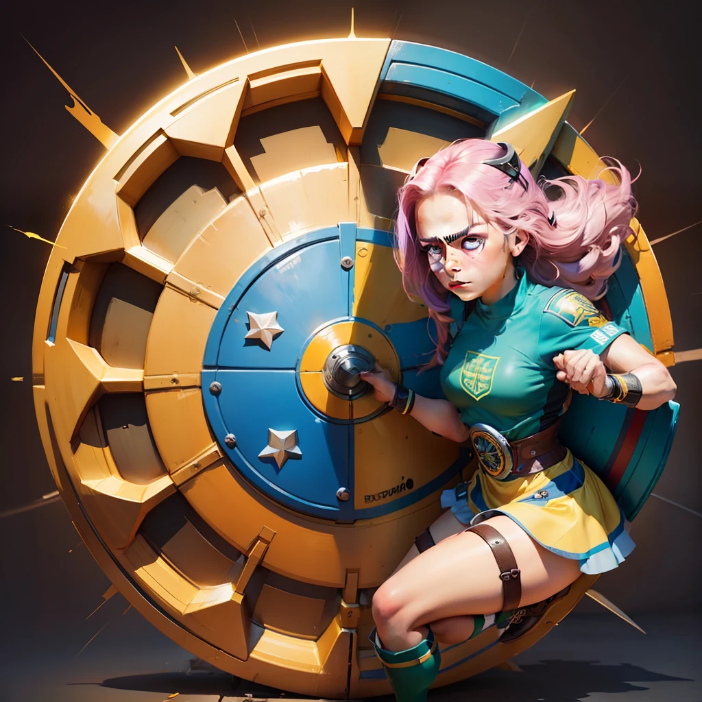 A cartoon style shield logo with vibrant colors, It features a well-planned design, with sophisticated features and defined contours, Strong texture and frontal perspective, Motor Gráfico Leonardo Diffusion, motor de Renderização Leonardo style,  Prompt Magic v2, 2024x2024 Px, Guidance Scale 20,  Strength 0.60 --auto --s2