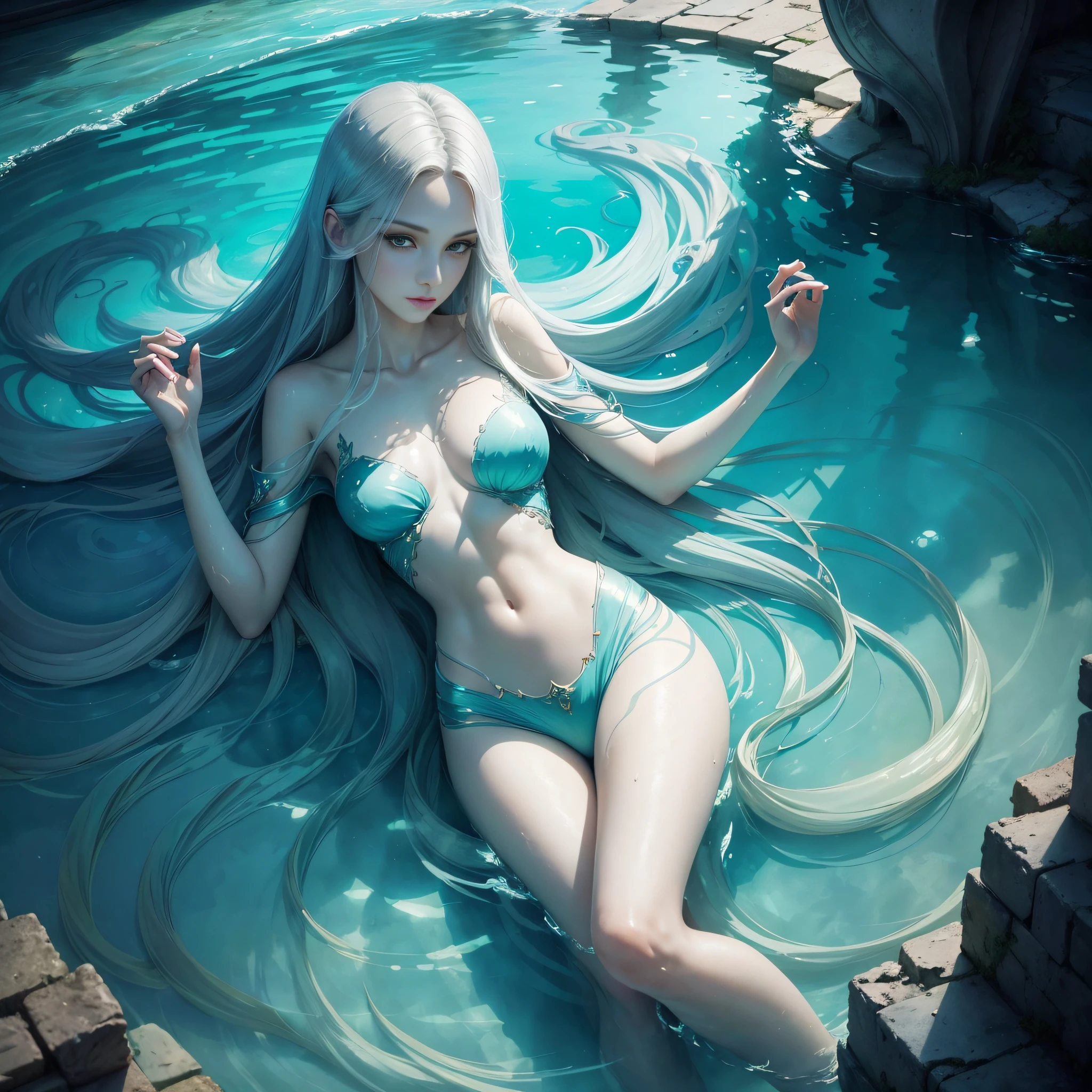 (background: magnificent palace underwater, masterpiece, best quality), (a woman, slender legs, stunning, beautiful,slender arms, very full chest, mysterious, long hair, dark eyes),,(vivid watercolor, tranquility, flowing water, ethereal light), --auto --s2
