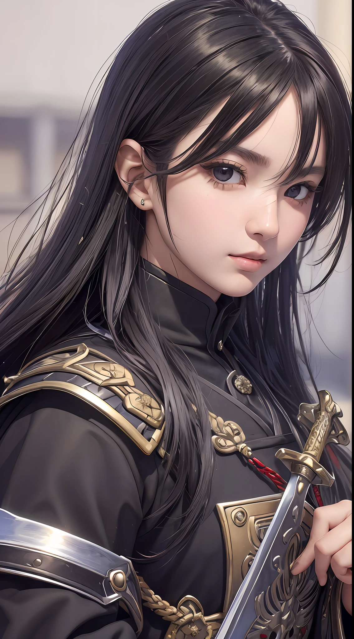 (Masterpiece: 1.2, highest quality), realistic, (real image, exquisitely made), black hair, long hair, girl, sword, Tsushima background, cleft lip, high detail, perfect face shape, oversized model, --auto --s2