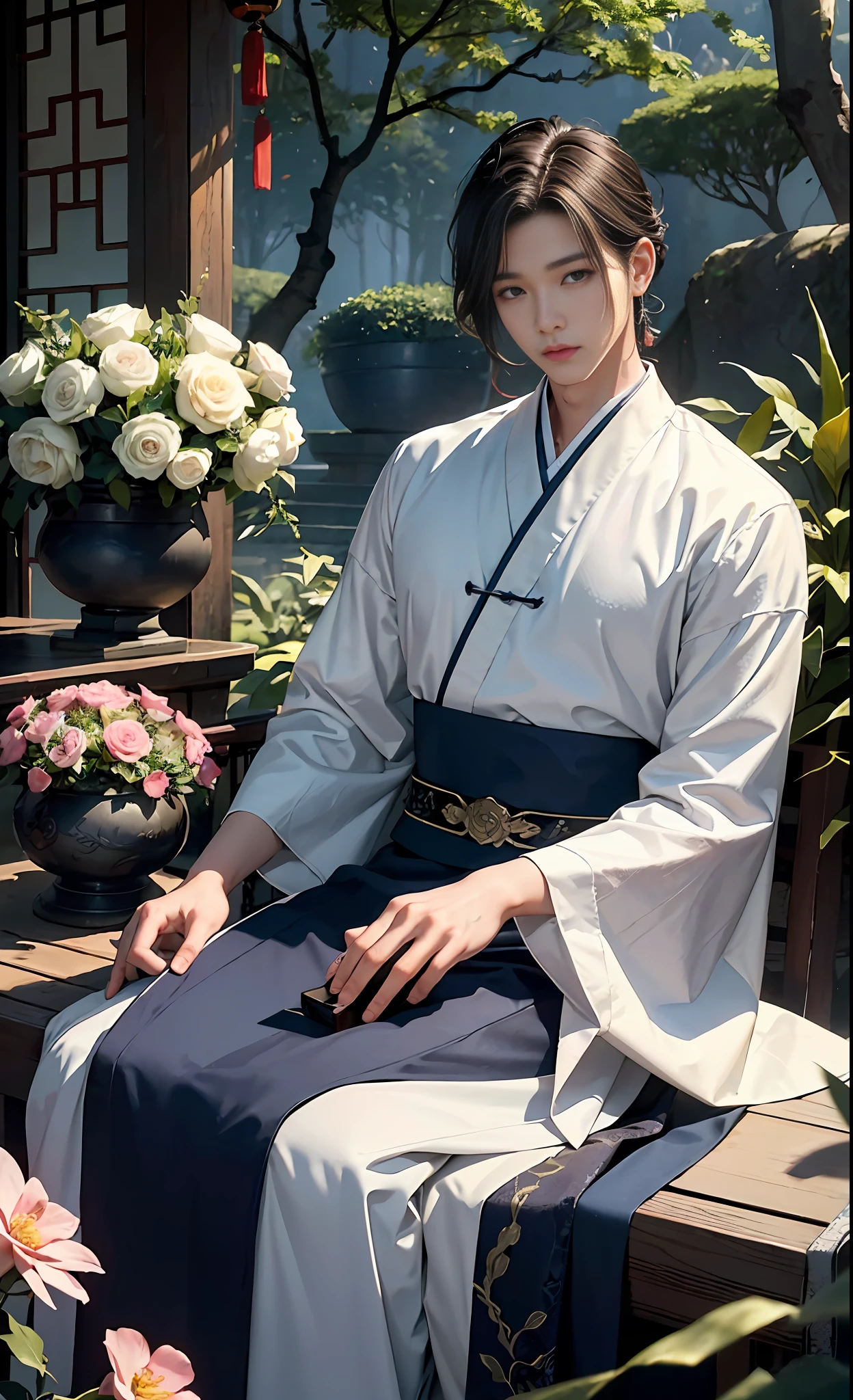 vivid lighting, enchanting elegance, atmospheric depth, masterful technique, naturalistic representations, harmonious composition, creative refinement, impressive juxtapositions,
1man, solo, male, (Korean idol face, sharp eye line) Interior Patience, winding old China style clothes.
garden, flowers, peaceful,