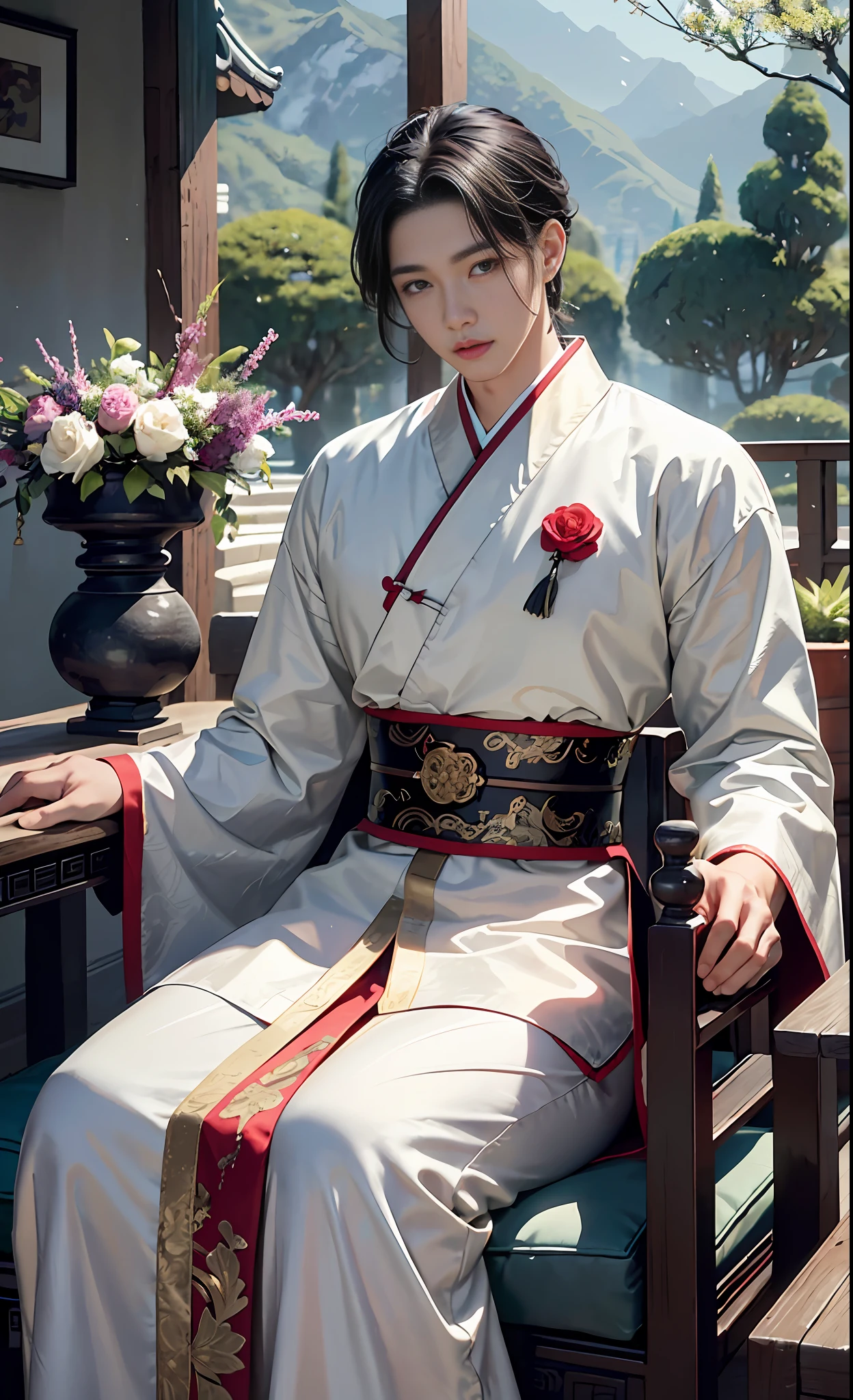 vivid lighting, enchanting elegance, atmospheric depth, masterful technique, naturalistic representations, harmonious composition, creative refinement, impressive juxtapositions,
1man, solo, male, (Korean idol face, sharp eye line) Interior Patience, winding old China style clothes.
garden, flowers, peaceful,