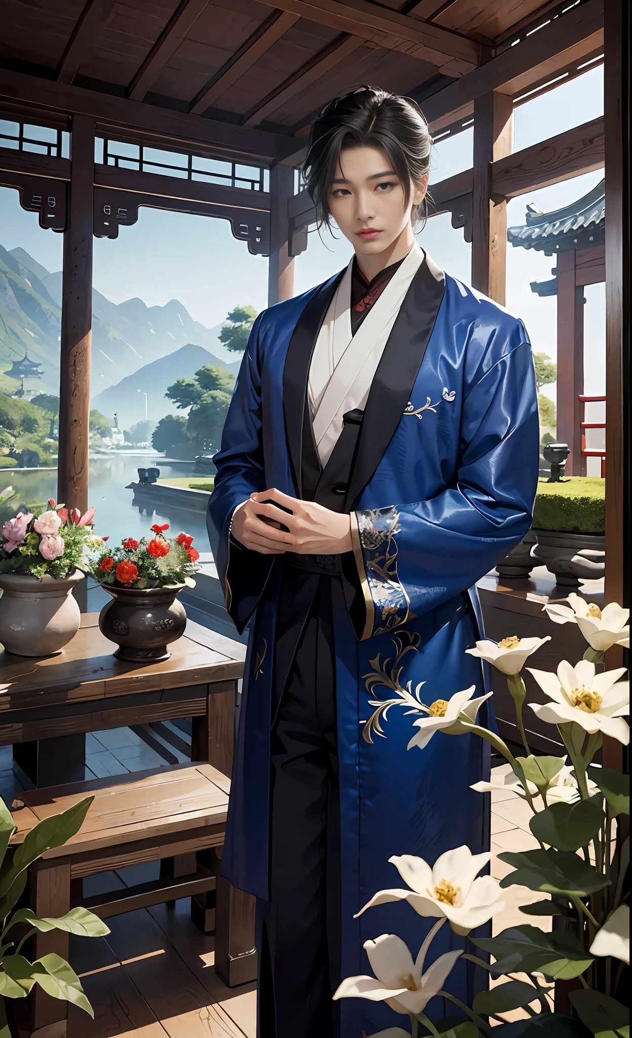 vivid lighting, enchanting elegance, atmospheric depth, masterful technique, naturalistic representations, harmonious composition, creative refinement, impressive juxtapositions,
1man, solo, male, (Korean idol face, sharp eye line) Interior Patience, winding old China style clothes.
garden, flowers, peaceful,