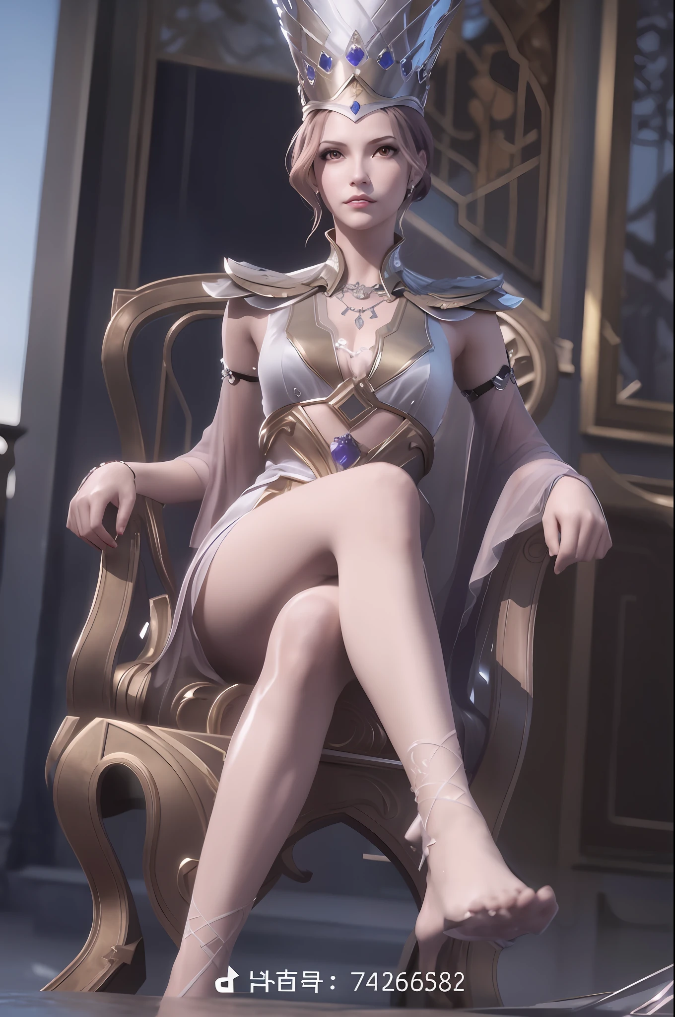 a close up of a woman sitting on a chair with a crown on her head, elegant cinematic pose, cinematic goddess body shot, unreal engine render + a goddess, artgerm ; 3d unreal engine, cinematic goddess close shot, sitting on her throne, extremely detailed goddess shot, a beautiful fantasy empress, cinematic goddess shot, trending on cgstation, on her throne