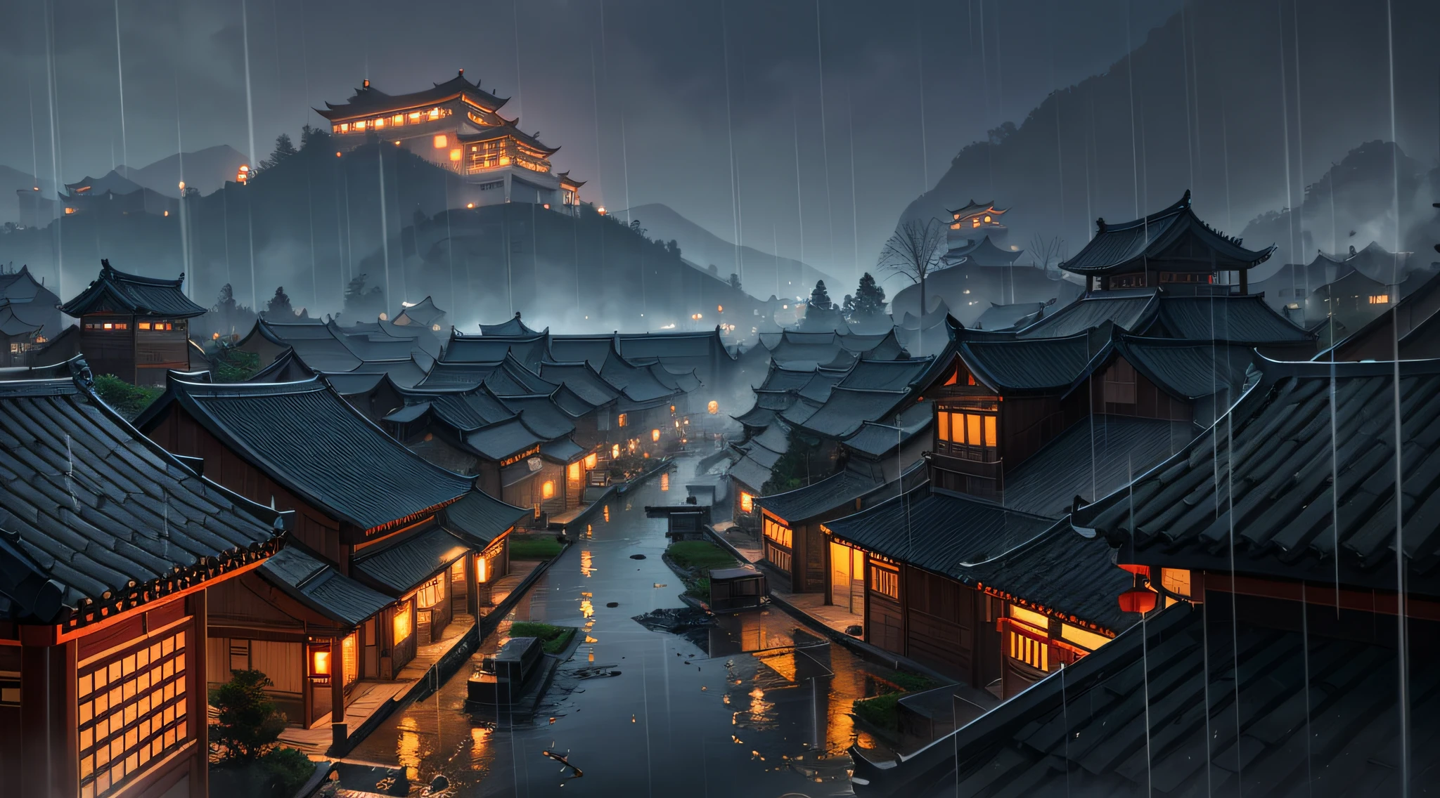 arafed view of a village, (ancient Chinese village), (smoke and rain), with an attic, distant mountains, lots of lights on buildings, fantastic Chinese town, Chinese village, amazing wallpapers, Chinese town, surreal photos of a small town, old Asian village, Raymond Han, rainy night, beautifully lit architecture, evening in the rain, beautiful and aesthetic, photography, movie, 8k, high detail ((heavy rain)))