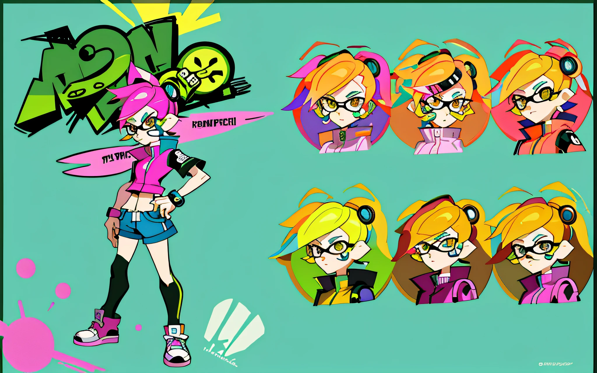 Typography, three views, cartoon character close-up with various expressions, cartoon art style, candy punk character design, anime style character, with Splatoon style, 2D anime style, JOJO anime style, jet radio style, character profile art, splash character art, gadget hacker wrench, insect trainer girl, manga art style, high quality anime art style, game character design