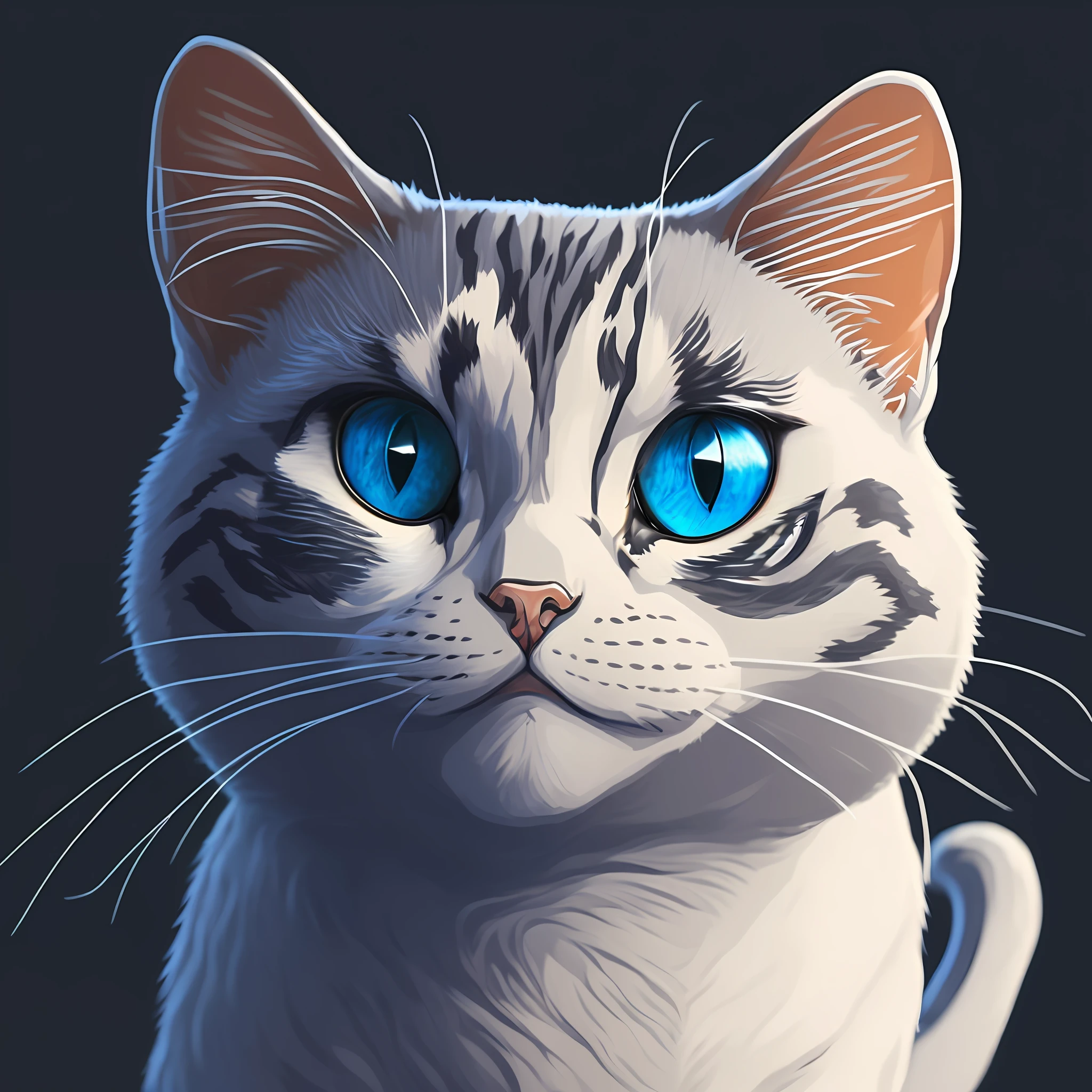There is a cat with blue eyes sitting on a black surface, cat. digital painting, lovely digital painting, highly detailed digital painting, beautiful detailed digital art, ultra realistic illustration, highly detailed digital painting, hyper-realistic illustration, ultra-realistic illustration, realistic illustration, realistic illustration, little detailed. digital painting, very detailed digital painting, photorealistic illustration, highly detailed realistic, highly detailed realistic