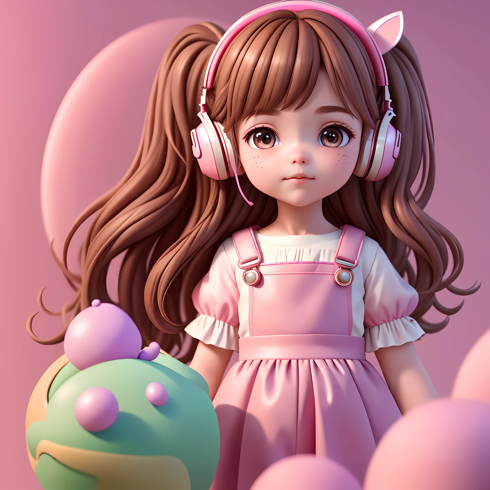 (Extremely detailed CG Unity 8k wallpaper, masterpiece, best quality, super detailed), (brown hair) (better lighting, better shadow, extremely delicate and beautiful), floating, [ earrings, (pink: 1.5|lilac: 1.2) pig's tail hair with kitten headphones, (pink: 1.3) pink overalls) :: 0.8]