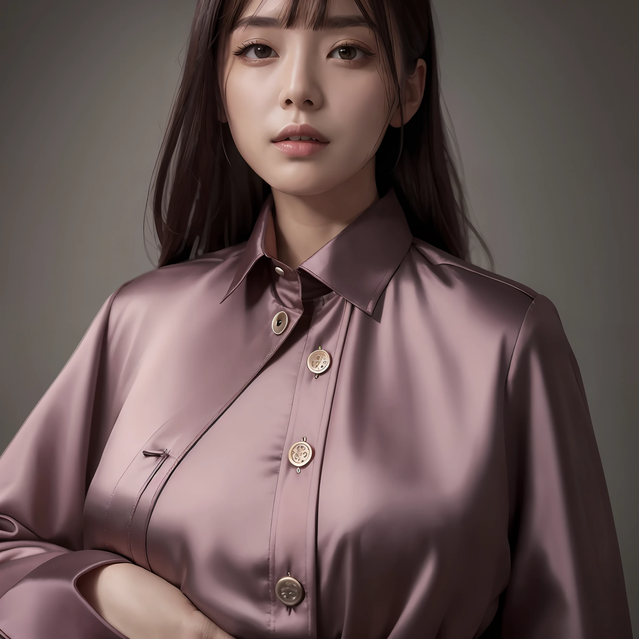 Wearing a satin blouse, also wearing a satent wrench coat, the material of the blouse and trench coat is satin, strong glossy, soft and smooth and smooth to the touch, the buttons on the front of the blouse are fastened, no bra is on, the blouse is fit the body, the chest is C cup, Japan fashion model, wearing a shirt, wearing a coat, one beautiful woman