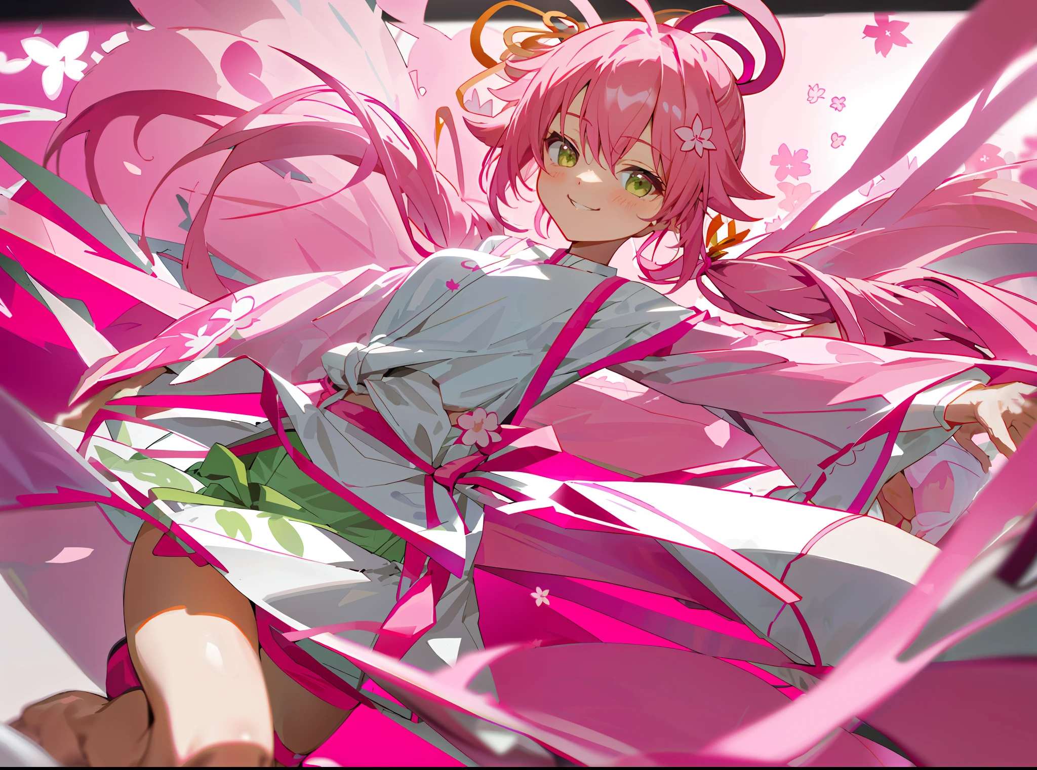 Pink Hair 2D Miko Sakura Pink Yukata Long Bell Hair Ornament Hair Type Straight Twin Tails Beautiful Girl Chest Yellow Belly Ribbon Knot White Shirt Green Eyes Asymmetrical Leg Air Floral Clothing Smile Wide Sleeve Masterpiece Best Quality Ahoge Armpit Thighs