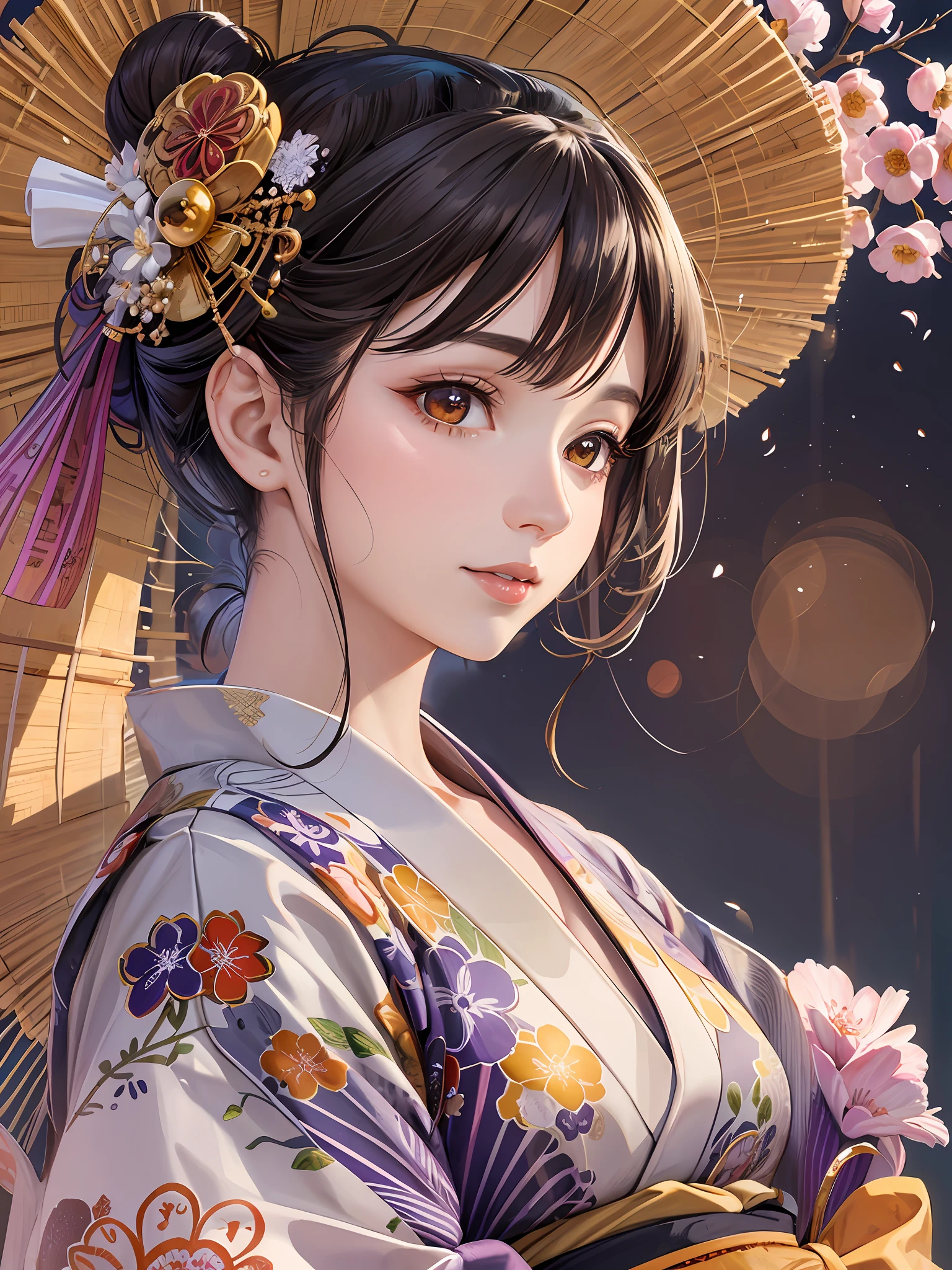 Masterpiece, Best Quality, Art, Art, Very Realistic, Smile, Soft Expression, Delicate Expression, Realistic Human, Eyes Frontal, Beautiful and Aesthetic: 1.9, Very Detailed, Colorful, Best Detailed, Clear Lines, Delicate Hair, Delicate Skin Texture, Realistic Skin Type, Skin Glossy, Mature Woman, Light Mixed, Playful Pattern, Realistic Texture, Lively Texture, Bewitching, Delicate Texture rich colors, geisha hairstyle, hair bun, kanzashi, brown hair, orange eyes, white and floral yukata, purple obi, coolness, variegated colors, unique visual effects, festival scene, shrine, summer kyoto, summer, soft sunlight