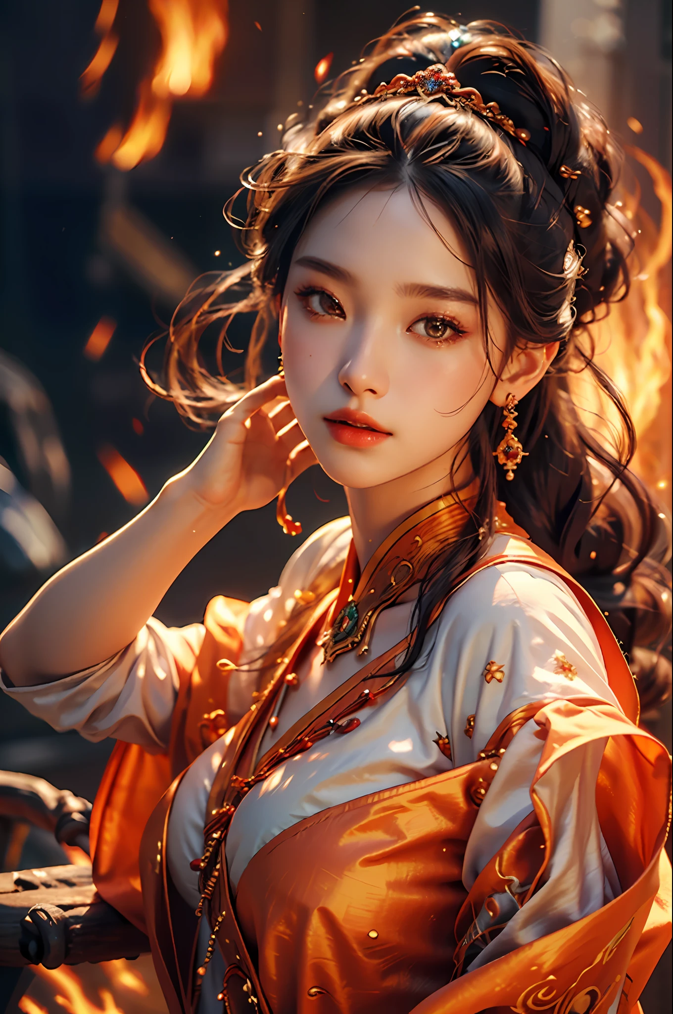 Best quality,masterpiece,ultra high res,(photorealistic:1.4)1girl,beautiful_face,detailed skin,full body,yuhuoshu,jewelry,solo,earrings,(fire:1.3),blurry,realistic,lips,