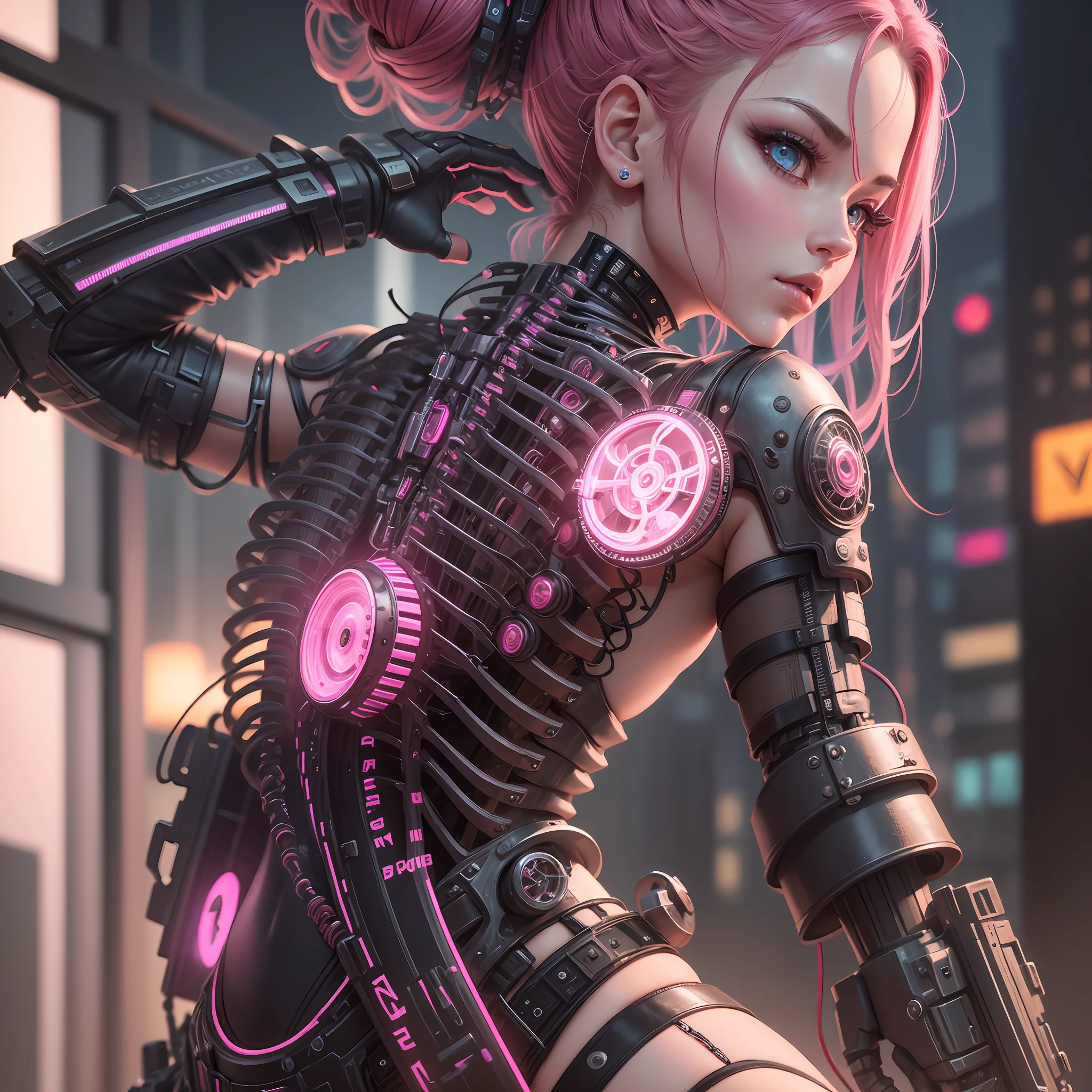 A cute mechanical cyberpunk Rosé Blackpink girl, realistic details, cinematic illumination, shadows, octane render, 8k, ultra sharp,metal,intricate, ornaments detailed, bright cyberpunk colors, hyperdetailed, highly intricate details, realistic light, trending on ArtStation, glowing eyes, facing camera, neon details, machanical limbs, blood vessels connected to tubes,mechanical vertebra attaching to back, mechanical cervical attaching to neck, wires and cables connecting to head --auto --s2