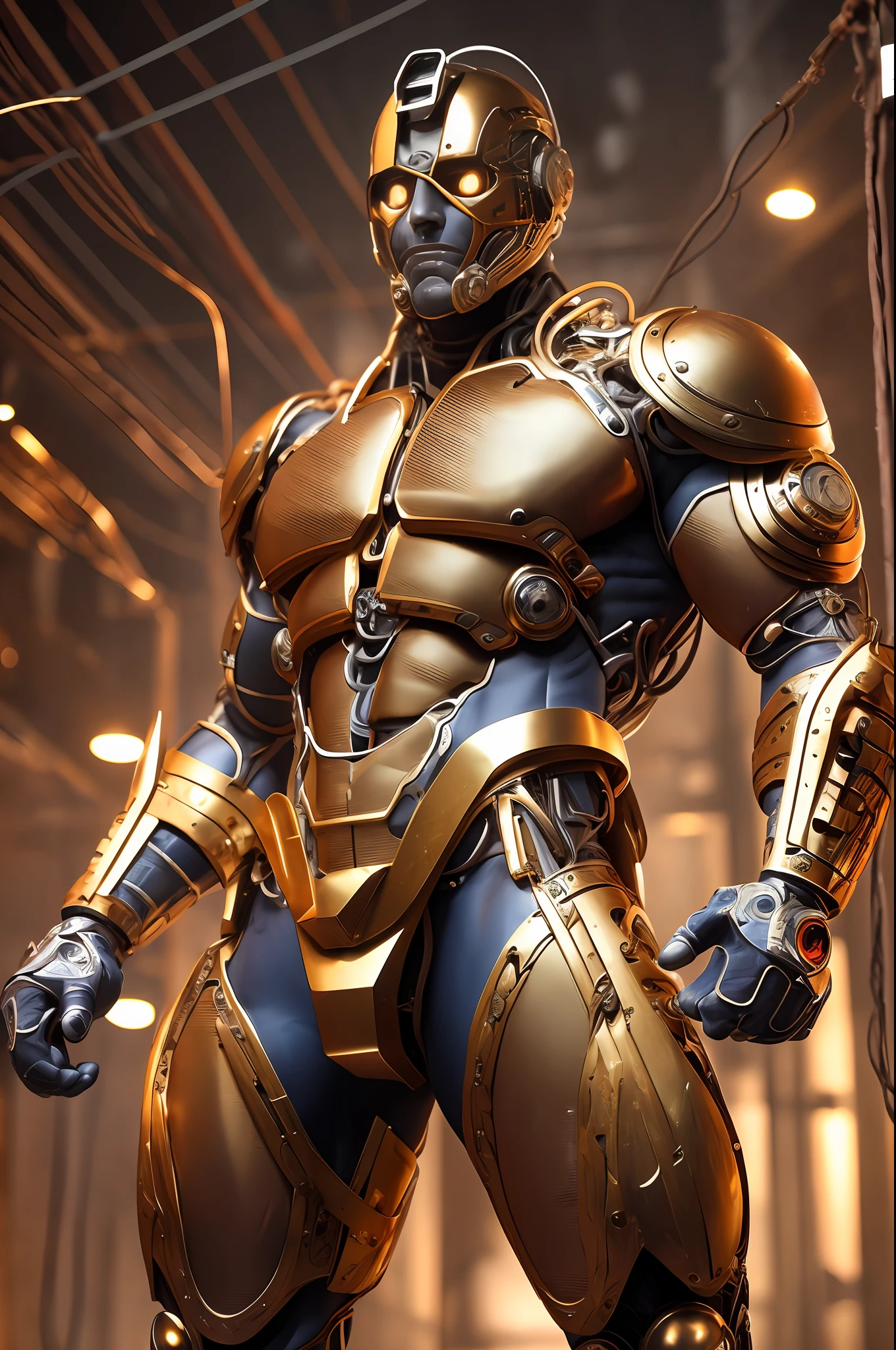 (Very attractive) muscular cyborg mature man with a (model face), chisled features, exposed wires, gold oil leaking from rusty wires, lights, extremely asthetically chiseled physique, old destress metal, huge Crotch bulge, --auto --s2