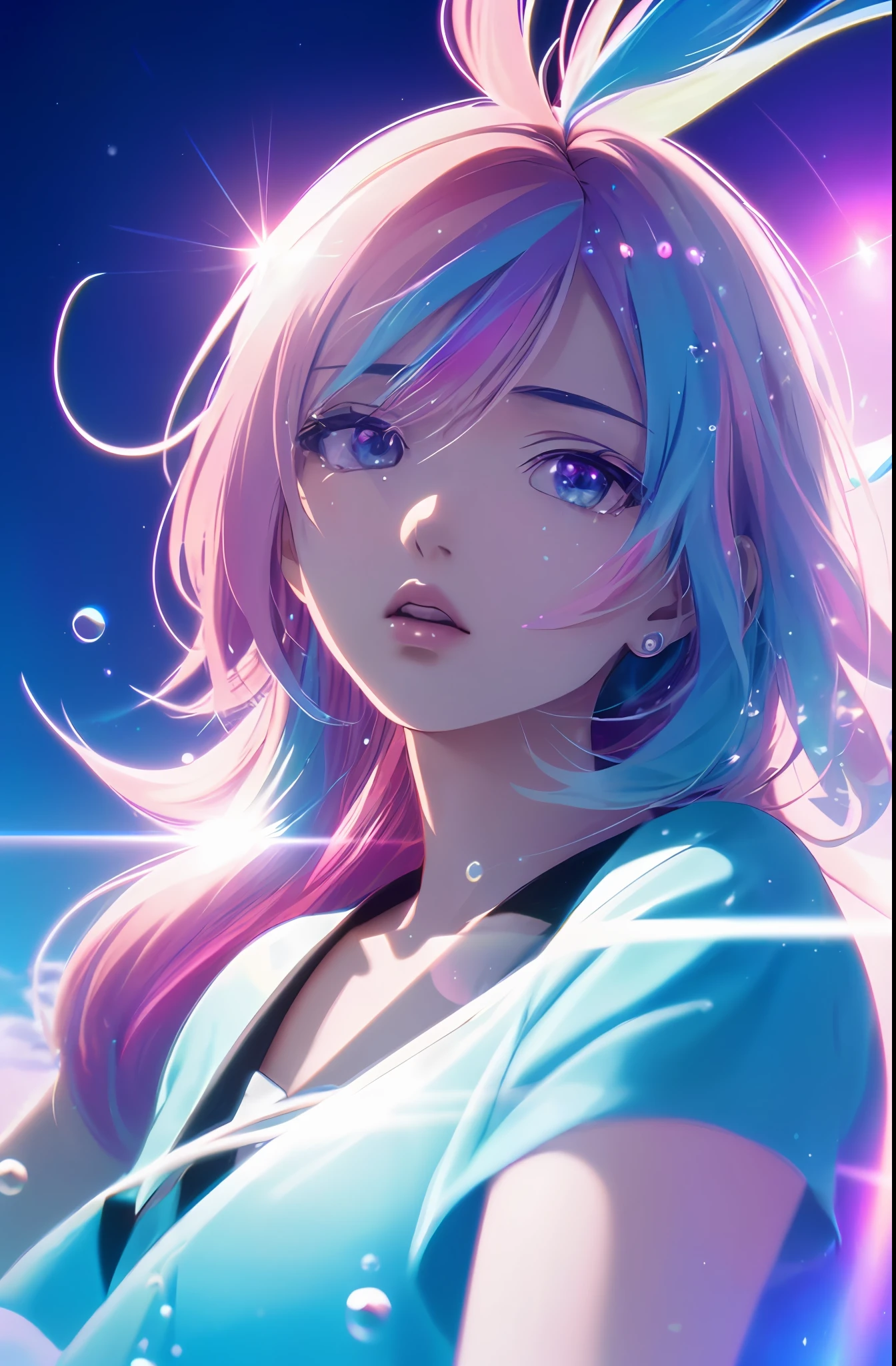 Magiku Yaguru Art, (001 Glitchcore, Dream Core), 8sconception, Anime Background Style-v2, Super Quality, Vaporwave, Synth Wave, Dreamy, Full Body (Masterpiece Best Quality, 1girl, Depth of Field, Lens Flare, Very Detailed, 8k Wallpaper, Amazing, Beautiful Detailed Eyes, Fine Detail, Score: > = 10, Water, Sea, crystal, water droplets, visual effects: movie light, [[red, blue, green, yellow, black, white, pink, purple, cowboy shot, (((colorful)), delicate and beautiful girl, medium hair, (((illustration)), ((floating hair)), (((chromatic aberration)]]