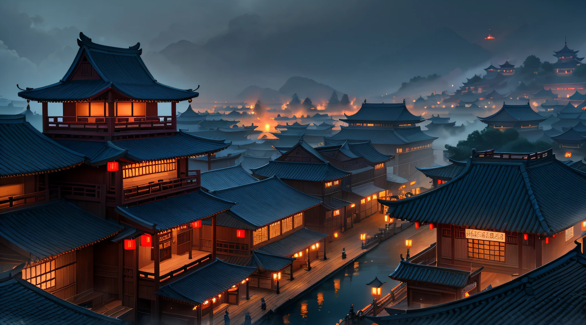 arafed view of a village, (ancient Chinese village), ((smoke and rain hazy)), with a loft, distant mountains, fiery red lanterns, lots of lights on buildings, fantastic Chinese town, Chinese village, amazing wallpapers, Chinese town, surreal photos of a small town, old asian village, Raymond Han, rainy night, beautifully lit architecture, evening in the rain, beautiful and aesthetic, photography, movie, 8k, high detail