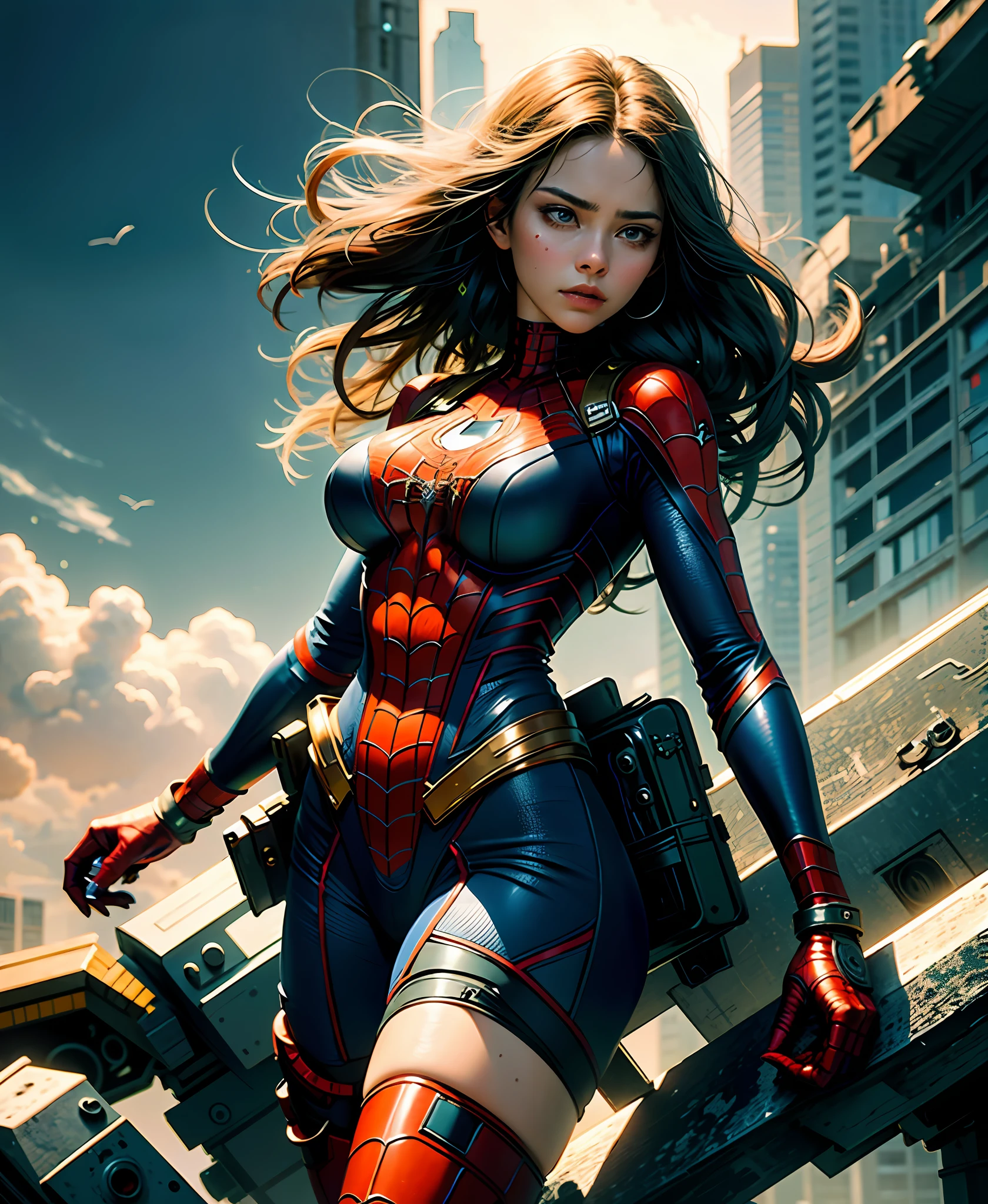 Unity wallpaper, super detailed, beauty and aesthetics, beauty, masterpiece, best quality, masterpiece: 1.2, best quality)best quality, masterpiece, super high resolution, realistic, ultra-realistic detail, sharp focus, (real picture, meticulous, depth of field), ((masterpiece, super-detailed, super detailed, high resolution)), solo, beautiful girl, sparkling eyes, perfect eyes, 20 years old, high detail, perfect face shape, perfect body, oversize model, mature woman, tall long legs, big breasts, 16k, magic style, best quality, masterpiece, (rainbow sugar: 0.8), (half: 1.3), cool tones, low saturation, sarcasm, there is a girl in the sky, wearing a Spider-Man costume, she is Spider-Man, superhero theme, long black hair, 20 years old, full body, best angle, masterpiece photography, masterpiece: 1.2, best quality), full body, realistic, (real picture, Finely crafted, depth of field), cleft lip, high detail, perfect face shape, perfect body, oversize model, mature woman, tall long legs, big breasts,