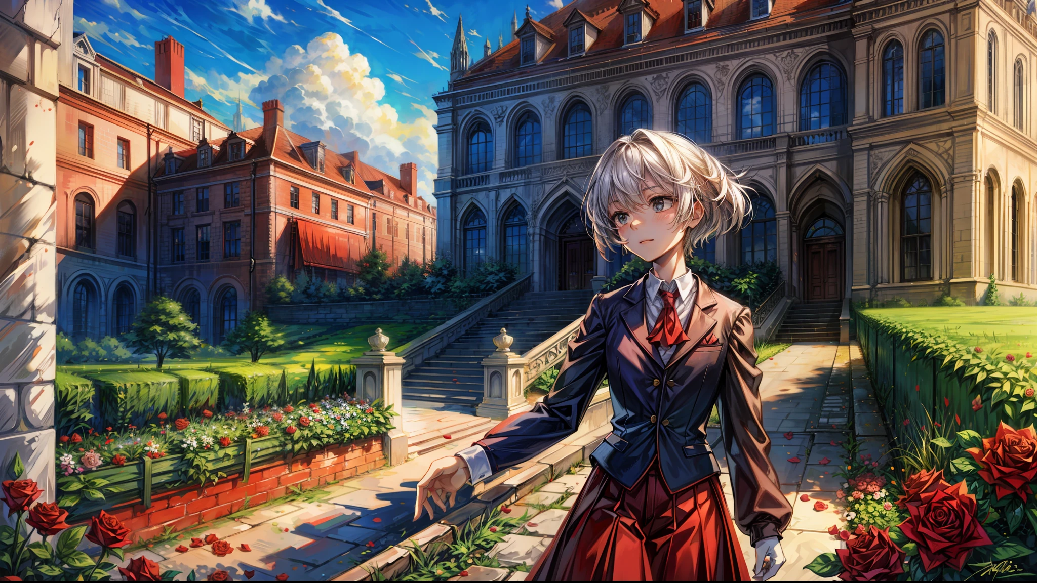 Masterpiece, top quality, realistic, school, rose garden, brick Victorian cityscape, vast, depth, far, angle of pull, style (Style-Empire: 1.3), (Absurdity: 1.2), (Masterpiece: 0.8), (Depth of field: 0.8), (Well textured: 0.7), (Windy: 0.6), (Clouds: 0.8), (Handmade Style: 0.4),
