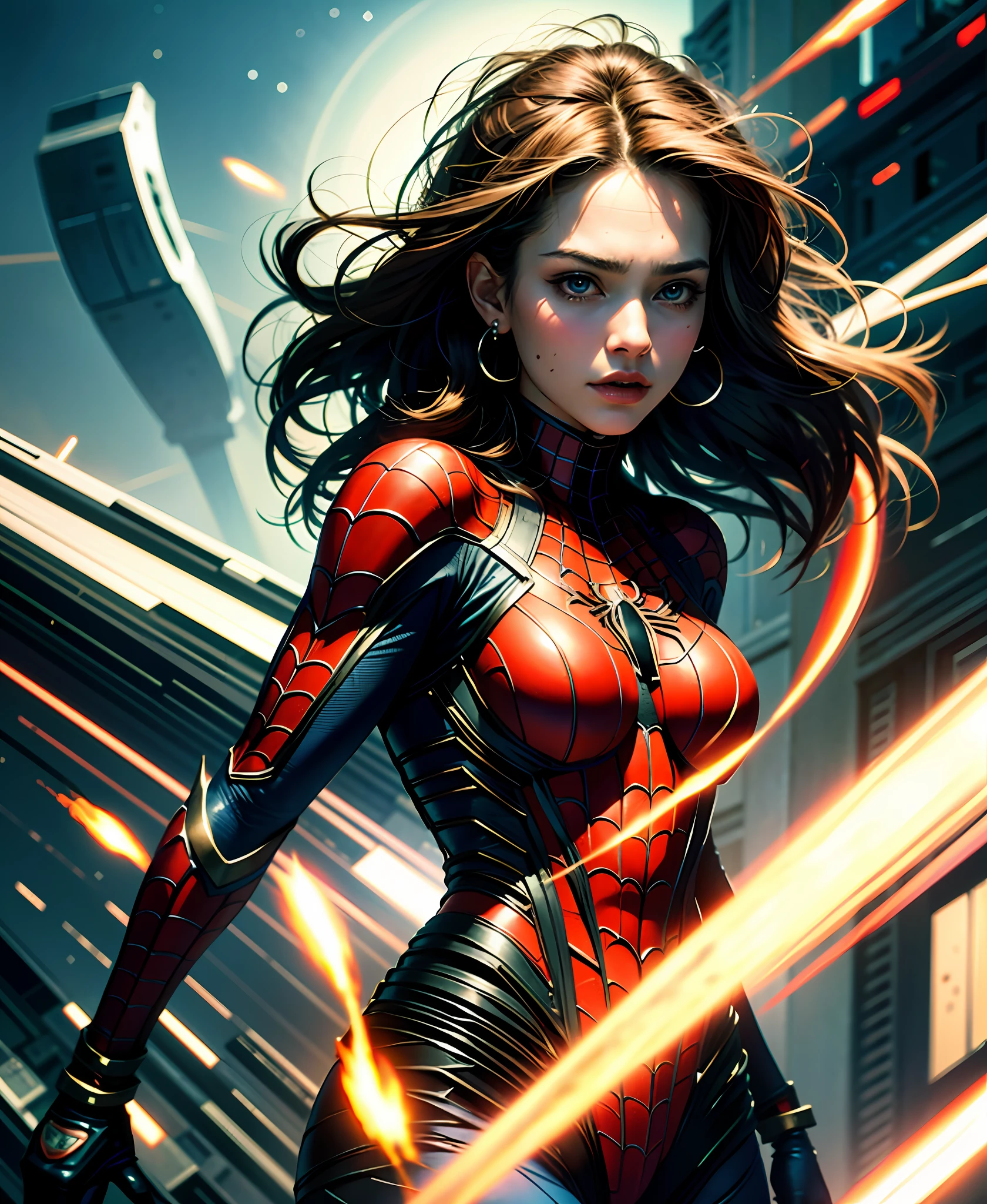 Unity wallpaper, super detailed, beauty and aesthetics, beauty, masterpiece, best quality, masterpiece: 1.2, best quality)best quality, masterpiece, super high resolution, realistic, ultra-realistic detail, sharp focus, (real picture, meticulous, depth of field), ((masterpiece, super-detailed, super detailed, high resolution)), solo, beautiful girl, sparkling eyes, perfect eyes, 20 years old, high detail, perfect face shape, perfect body, oversize model, mature woman, tall long legs, big breasts, 16k, magic style, best quality, masterpiece, (rainbow sugar: 0.8), (half: 1.3), cool tones, low saturation, sarcasm, there is a girl in the sky, wearing a Spider-Man costume, she is Spider-Man, superhero theme, long black hair, 20 years old, full body, best angle, masterpiece photography, masterpiece: 1.2, best quality), full body, realistic, (real picture, Finely crafted, depth of field), cleft lip, high detail, perfect face shape, perfect body, oversize model, mature woman, tall long legs, big breasts,