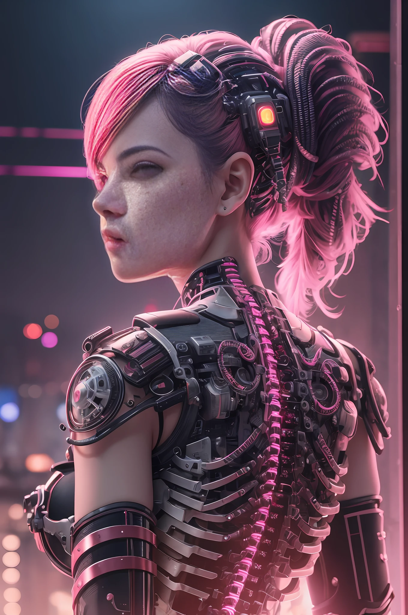 A cute mechanical cyberpunk Rosé Blackpink girl, realistic details, cinematic illumination, shadows, octane render, 8k, ultra sharp,metal,intricate, ornaments detailed, bright cyberpunk colors, hyperdetailed, highly intricate details, realistic light, trending on ArtStation, glowing eyes, facing camera, neon details, machanical limbs, blood vessels connected to tubes,mechanical vertebra attaching to back, mechanical cervical attaching to neck, wires and cables connecting to head --auto --s2