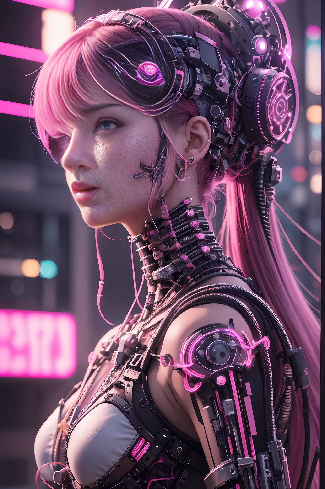 A cute mechanical cyberpunk Rosé Blackpink girl, realistic details, cinematic illumination, shadows, octane render, 8k, ultra sharp,metal,intricate, ornaments detailed, bright cyberpunk colors, hyperdetailed, highly intricate details, realistic light, trending on ArtStation, glowing eyes, facing camera, neon details, machanical limbs, blood vessels connected to tubes,mechanical vertebra attaching to back, mechanical cervical attaching to neck, wires and cables connecting to head --auto --s2