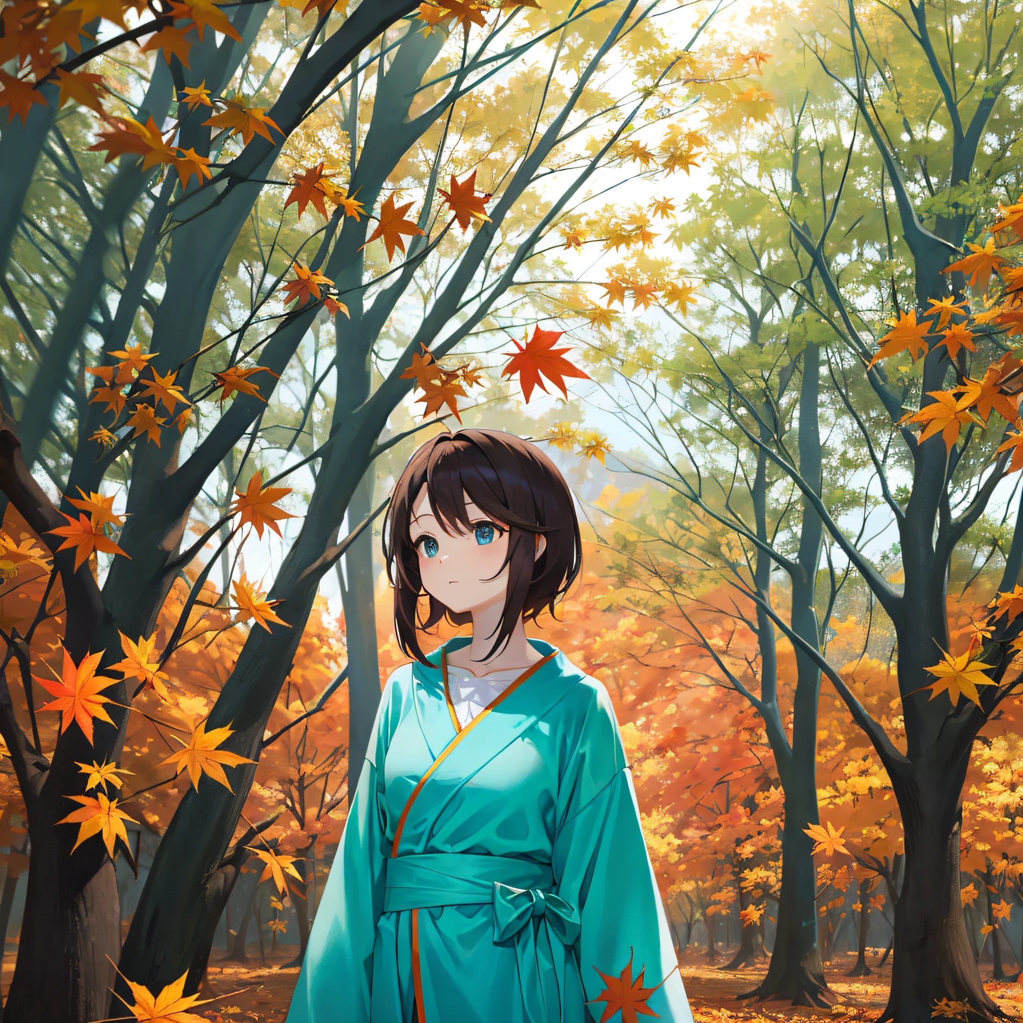 Two-dimensional, autumn, wild, maple, maple leaf, sunset, girl in cyan robe --auto --s2