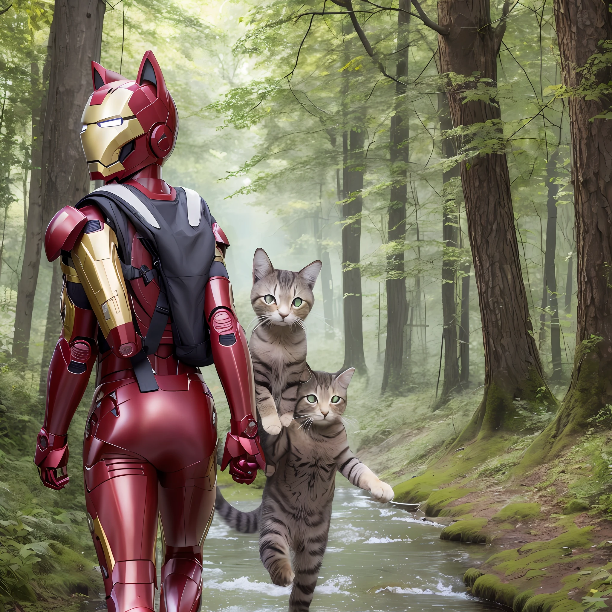 Furry Cat, Iron Man, Backpack, Forest, Stream, Cute, Gun, Run, Hare, BBQ,