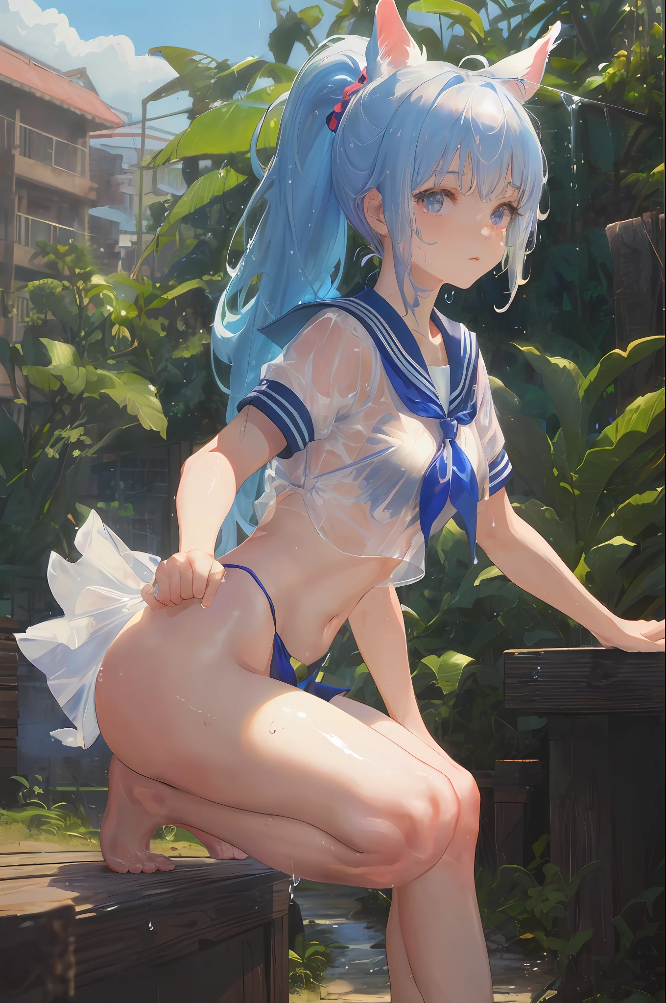Cornflower art, dreamy, (masterpiece, top quality, perfect anatomy, beautiful face, realistic, super detailed, 1 girl, 18 ears senile, solo, depth of field, canon 24mm lens, f1.4, cute_girl, sailor_ collar, clear facial features, short sleeves, small breasts, slender stature, height 170, barefoot, double ponytail, bangs, gravure pose, outdoor, jungle, Blurred background, (Uwabaki: 1.1576)) all over body, clear liquid dripping from the crotch, the front of the shirt is exposed, the breasts are visible, transparent bra, light blue striped buns, erotic,, nrfw,