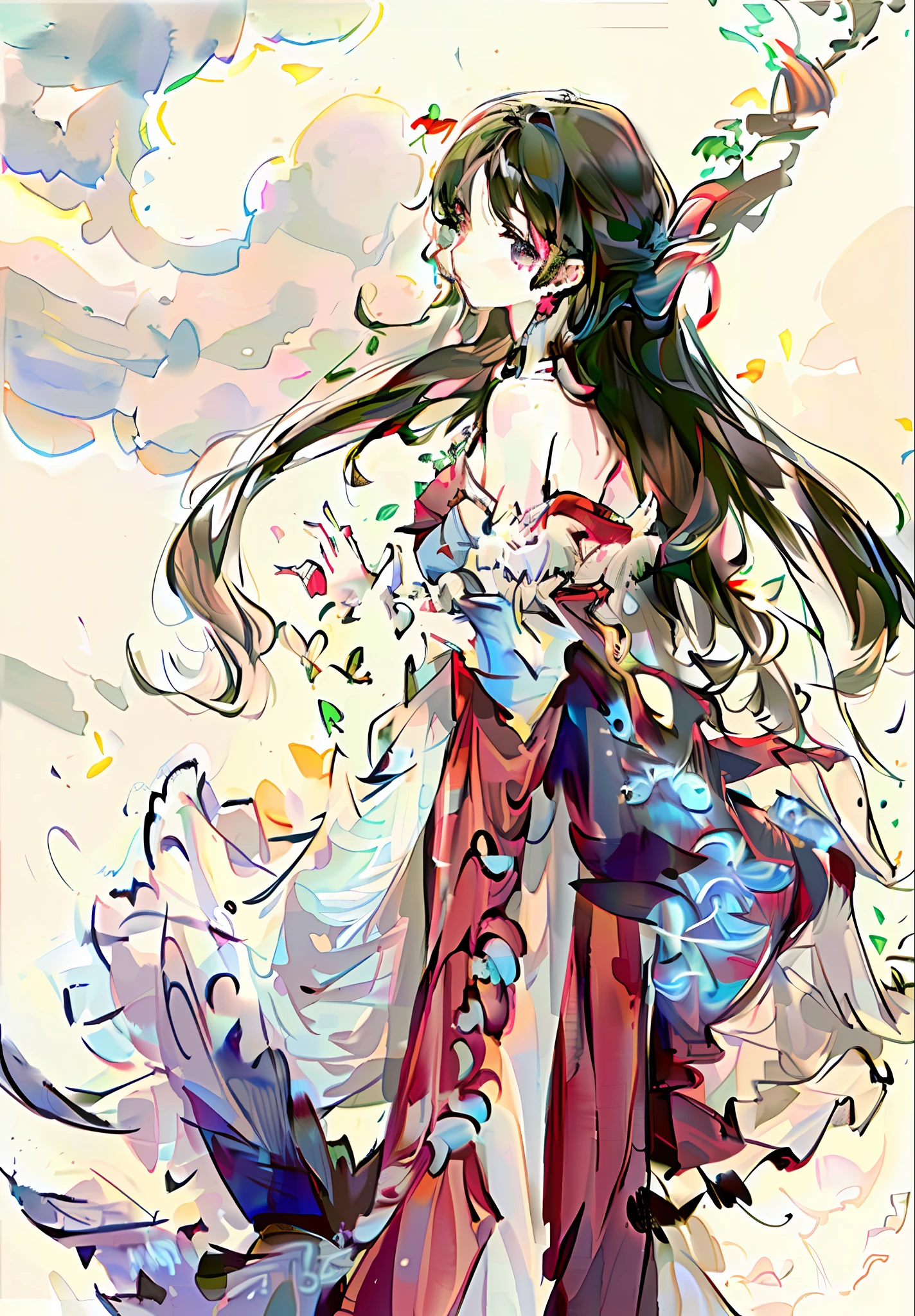 fantasy, (upper body:1.2), (from below:1.3), 191971 dress, backless dress, (long dress:1.2), very long hair, breasts, bare shoulders, sky, ocean, water, looking at viewer, italian, head tilt, wind, cloud, sunlight, outdoor, 1girl, solo, BREAK,