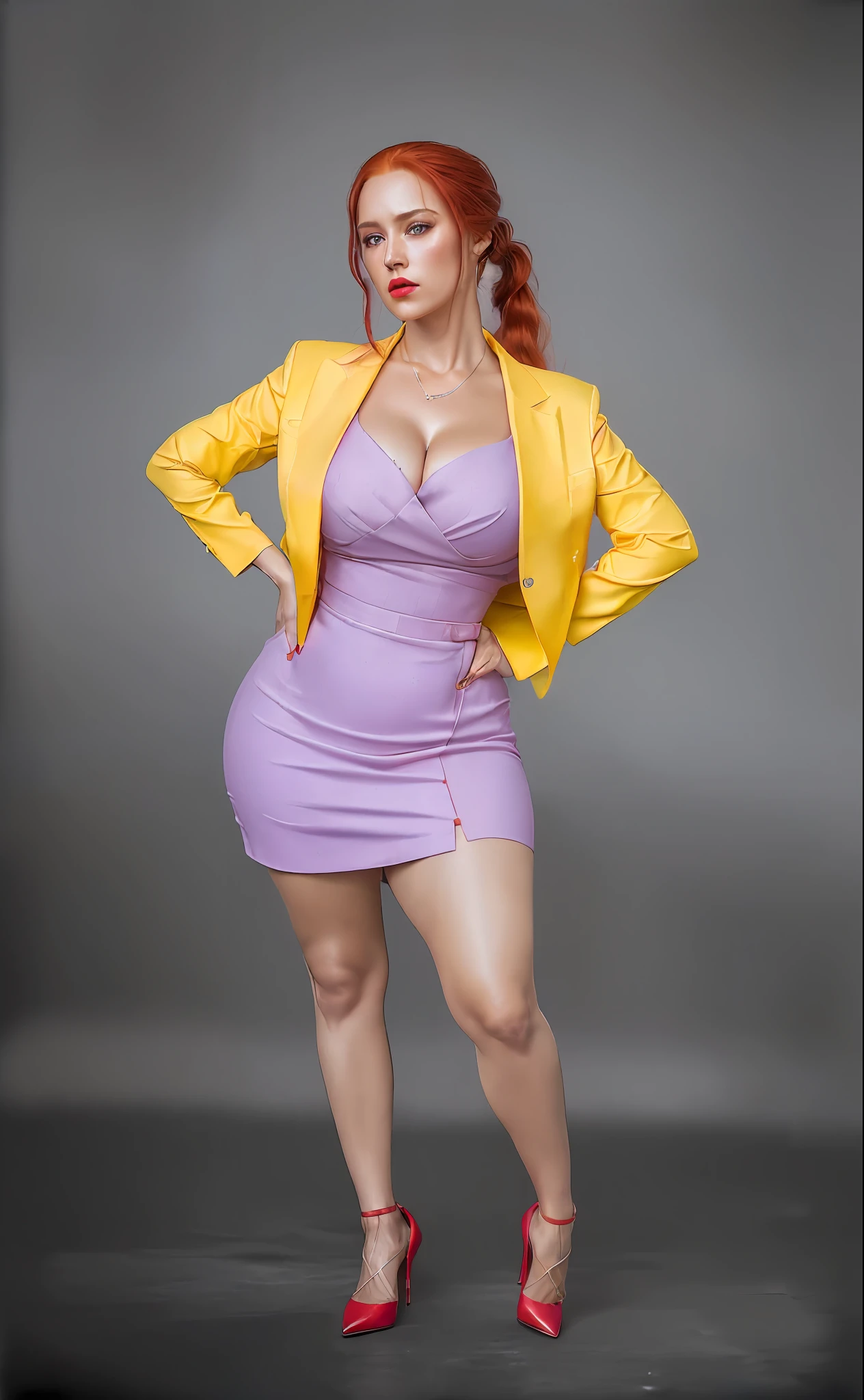 (BishoujoMom: 1.5), beautiful standing secretary, sensual posture, yellow jacket, very sensual look, very pink dress, high heels, very thin waist, very tight pink dress, very tight clothes, (((light pink dress))), ((((very straight hair))), (((huge breasts, cleavage))), ((thick thighs, hourglass figure)), (topless), 1.5) ((thick red lips), ((blue eyes)), ((long ponytail)), ((red hair)) photorealistic, photo, masterpiece, realistic, realism, photorealism, photorealism, high contrast, photorealistic, photorealistic digital art trend on Artstation 8k HD HD high definition realistic detail, detailed, skin texture, hyper detailed, realistic skin texture, best quality, ultra high resolution (photorealistic: 1.4), high resolution, detailed, raw photo, sharp re, by Lee Jeffries Nikon D850 film Stock Photography 4 Kodak Portra 400 camera F1.6 lens rich colors realistic texture hyper-realistic dramatic lightingEngine trend in ArtStation CineStill 800