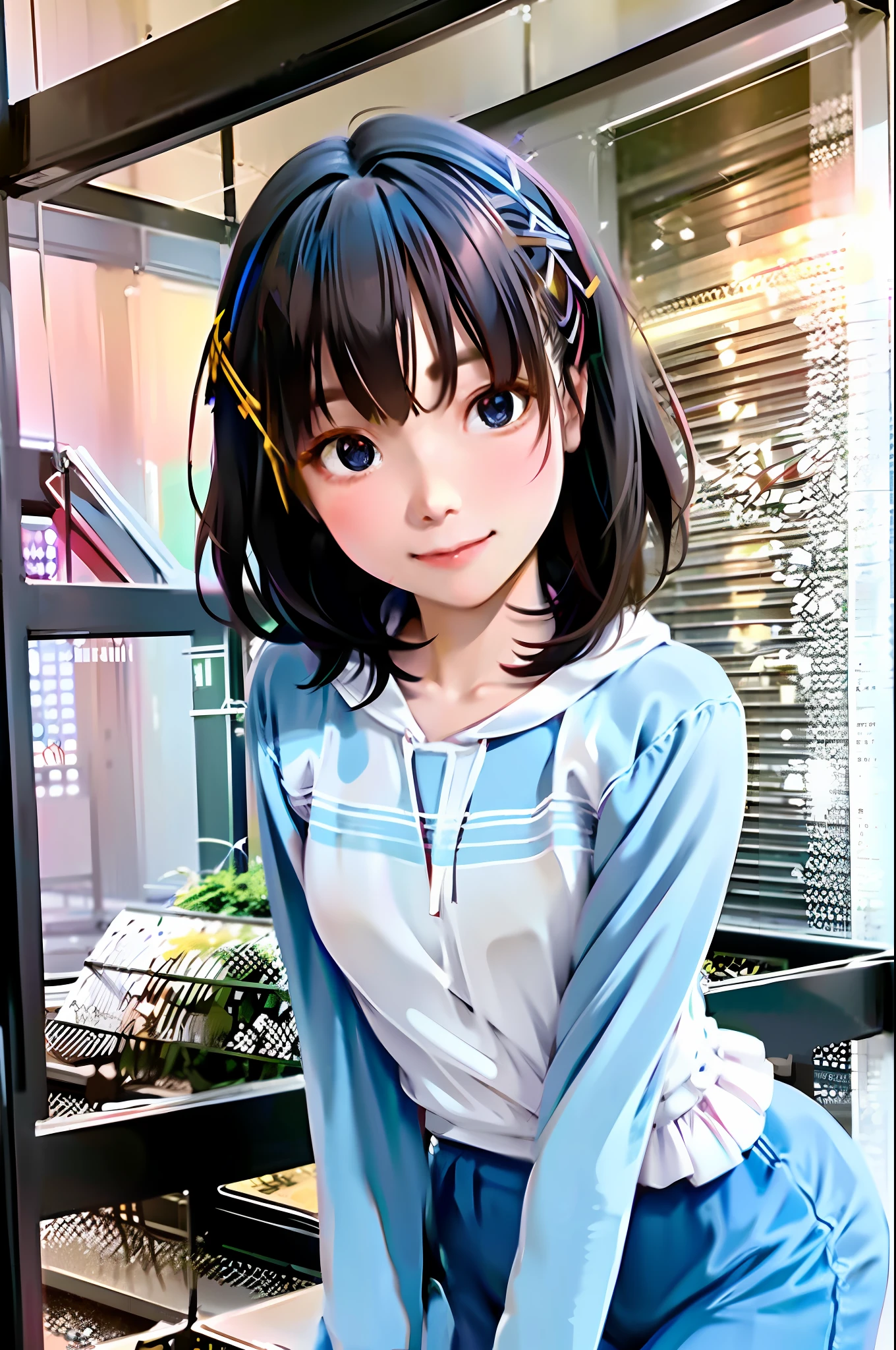 Kai Kokoai, Ryoko Hirosue, Enako, Short hair, Short hair, Hoodie, Top quality, Ultra high resolution, (Photorealistic: 1.4), 1 girl, oversized jacket, white shirt, bare shoulders, cute, (Jpop Idol), (aegyo sal: 1), (brown hair: 1), looking at the viewer, facing the front, smiling, laughing, ridiculous, (8k, RAW photos, Top quality, masterpiece: 1.2), front view, full-body portrait
