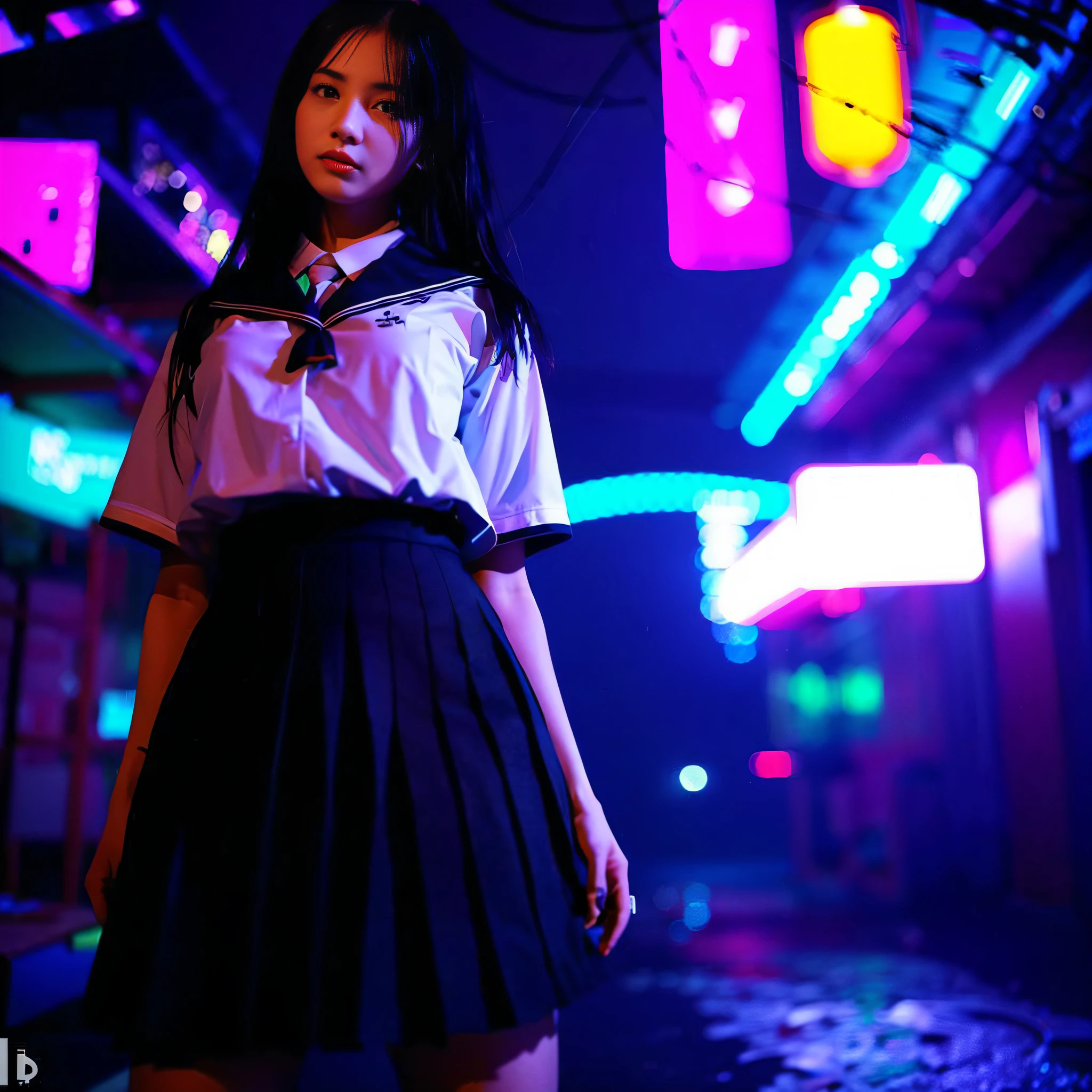 À la Fed image of woman in uniform standing in dark room, surreal schoolgirl, surreal schoolgirl, cyber schoolgirl, realistic schoolgirl, realistic 3d style, schoolgirl, dreamy cyberpunk girl, neon lights, neon lighting cyberpunk, cyberpunk 2 0 y.