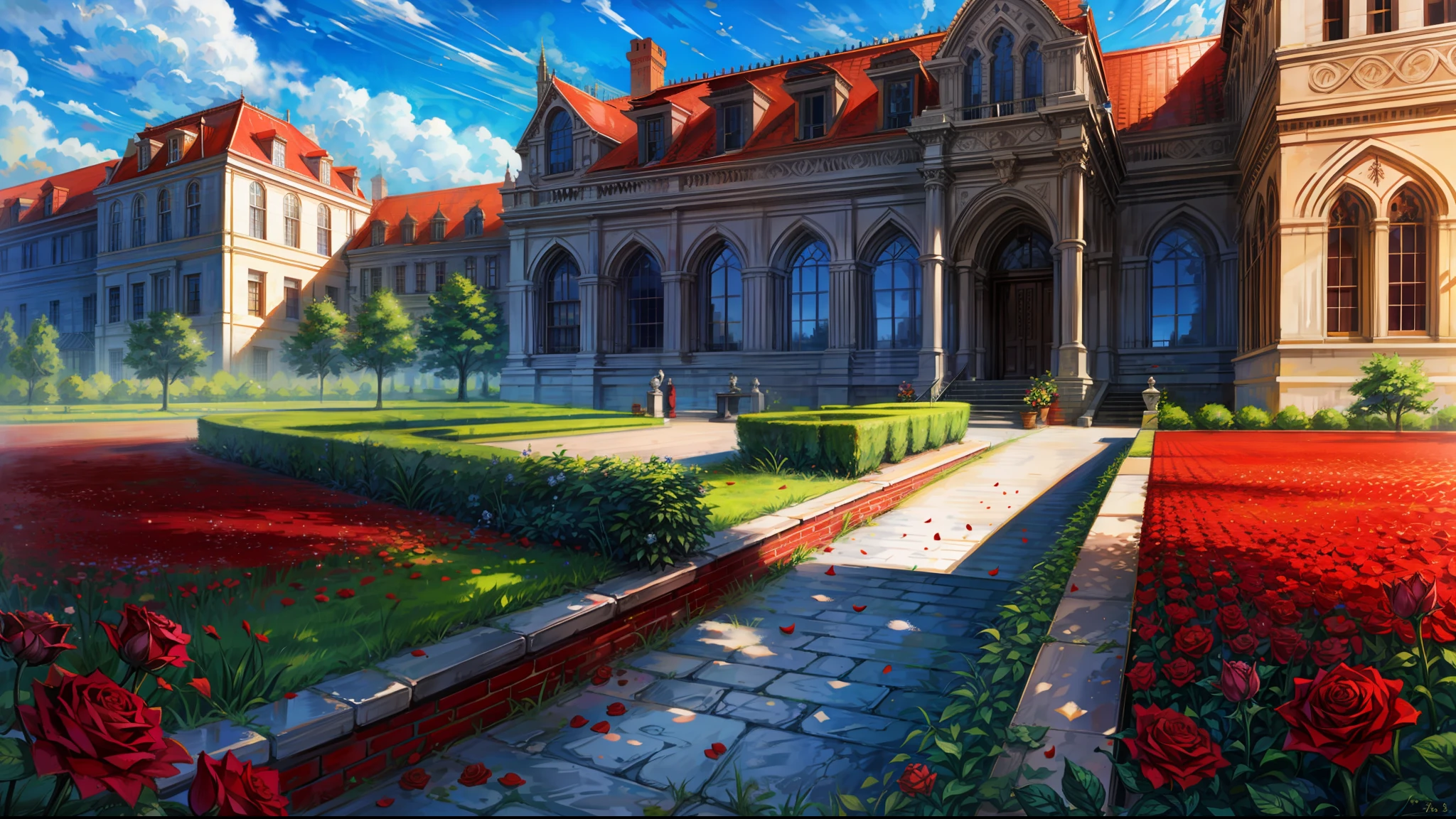 Masterpiece, top quality, realistic, school, rose garden, brick Victorian cityscape, vast, depth, far, angle of pull, style (Style-Empire: 1.3), (Absurdity: 1.2), (Masterpiece: 0.8), (Depth of field: 0.8), (Well textured: 0.7), (Windy: 0.6), (Clouds: 0.8), (Handmade Style: 0.4),