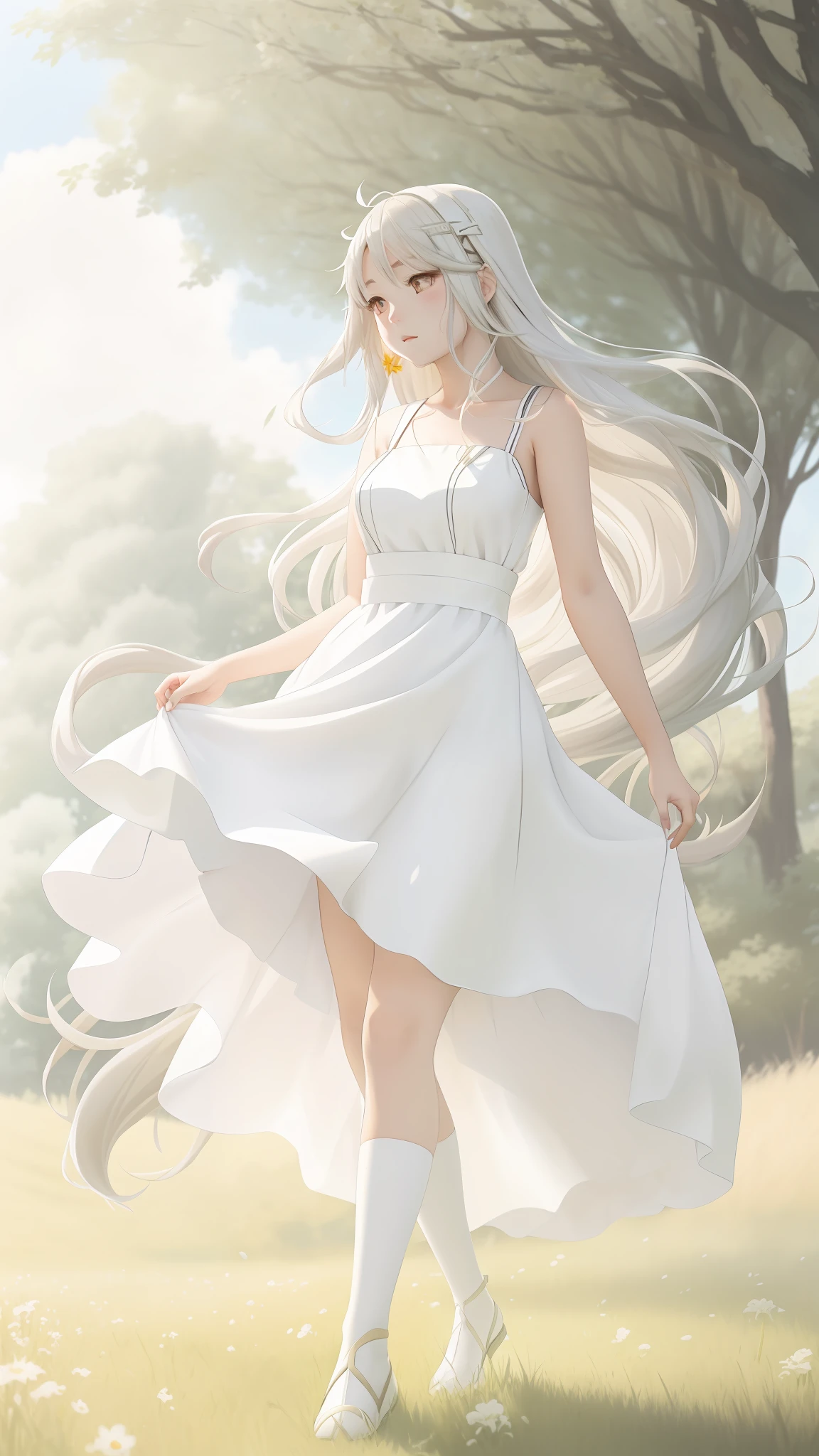 anime girl in a white dress walking in a field of grass, in dress, blonde anime girl with long hair, white dress!! of silver hair, cute anime waifu in a nice dress, wearing a flowing dress, flowing dress, flowing white dress, beautiful anime girl, anime girl with long hair, wearing a white flowing dress, beautiful anime woman, flowing white hair