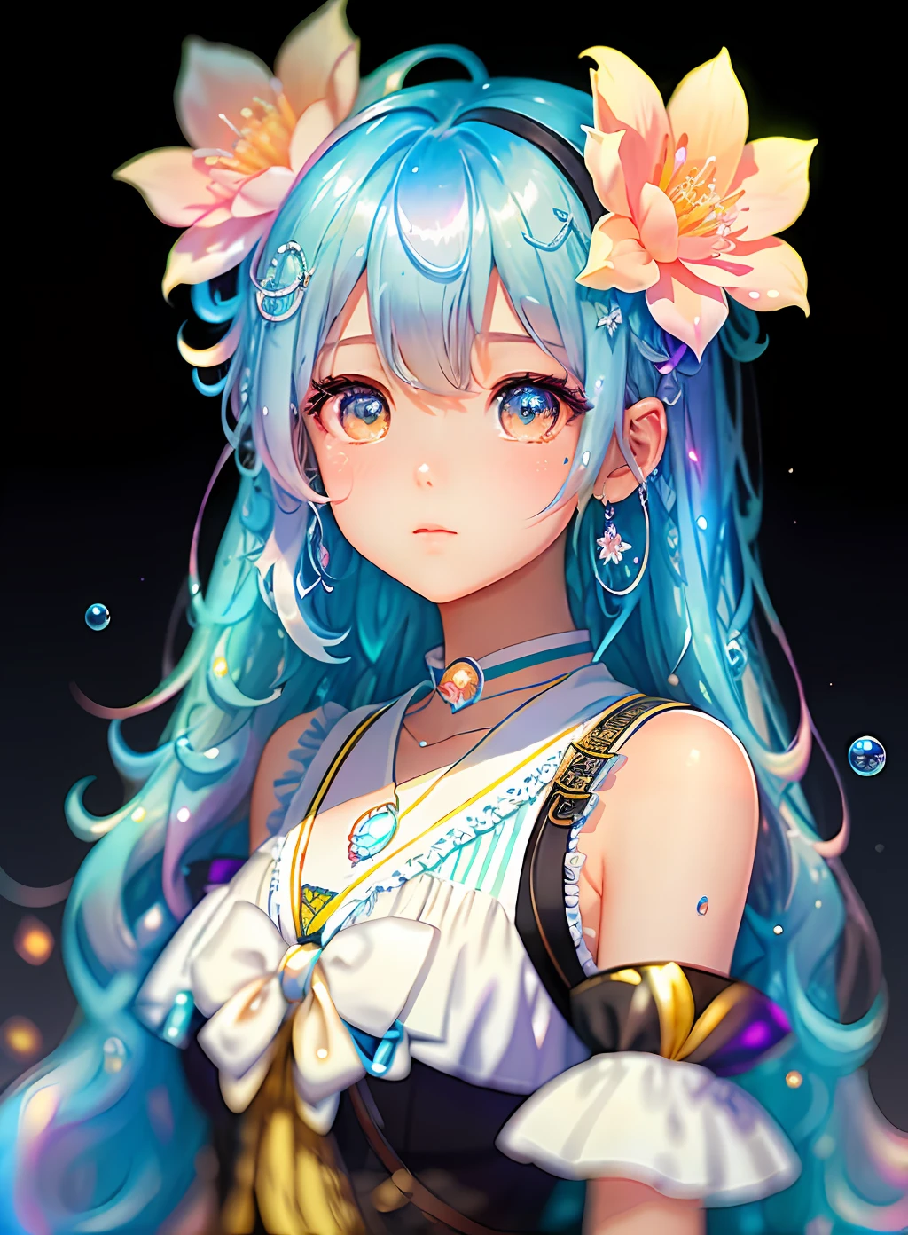 (masterpiece), (best quality), (ultra detailed),(disheveled hair),(illustration), (1girl), (Fashionable clothing), standing, Fashion model, looking at viewer, (interview), (simple background),beautiful detailed eyes, delicate beautiful face, Floating,(high saturation),(colorful splashes),colorful bubble,(shining), focus on face, kamisato ayaka, light blue hair, bangs, hair ring, floating flowers, floating hairs.Girl, anime waifu, looking at viewer, highlydetailed, reflections transparent iridescent colors, long transparent iridescent RGB hair, artby Serafleur from artstation, thick acrylic,illustration on pixiv, waist up portrait, gorgeoussacred girl, best quality, ultra detailed,sad,clever,beautiful face , beautiful lighton black background, Character stvle renderedby Octane,