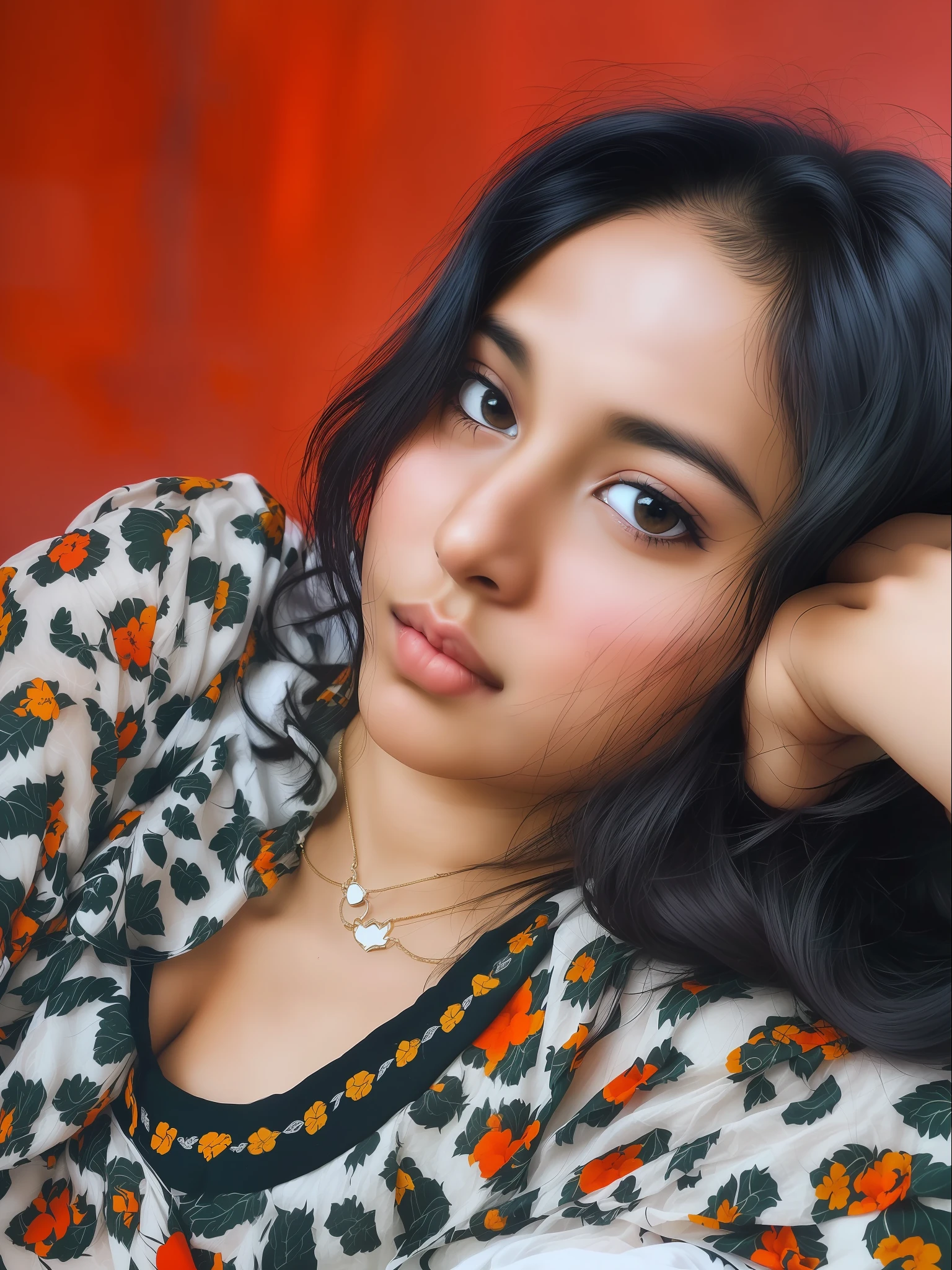 there is a woman that is sitting down with her head on her hand, indian girl with brown skin, leaked image, selfie of a young woman, faridah malik, profile pic, a young asian woman, exclusive, sexy girl with dark complexion, nivanh chanthara, with cute - fine - face, 18 years old, portrait of modern darna,sexy, hot,8k.