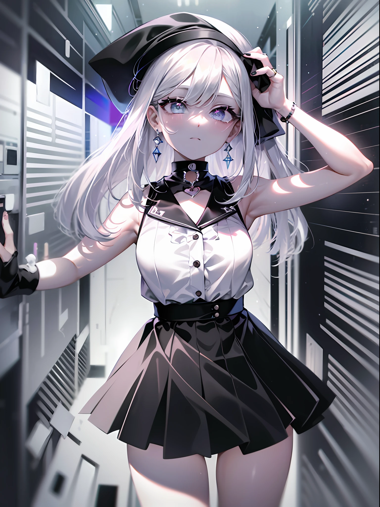 best quality, ultra high res, 1girl, sleeveless white button shirt, black skirt, black choker, cute, (Kpop idol), (aegyo sal:1), (platinum blonde hair:1), ((puffy eyes)), looking at viewer, full body, facing front
