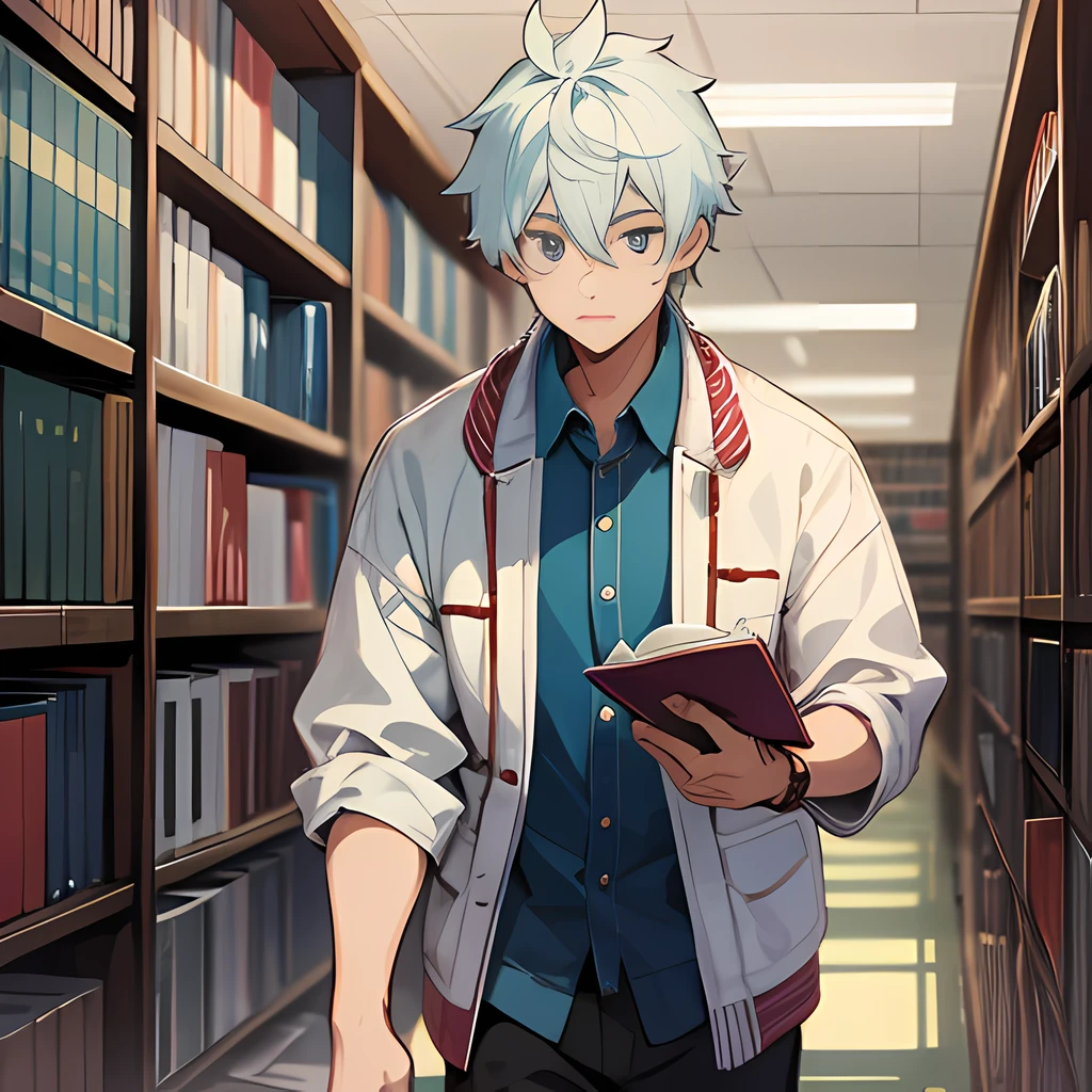 A male college student, holding a textbook, walking, library, Asian faces, anime style,