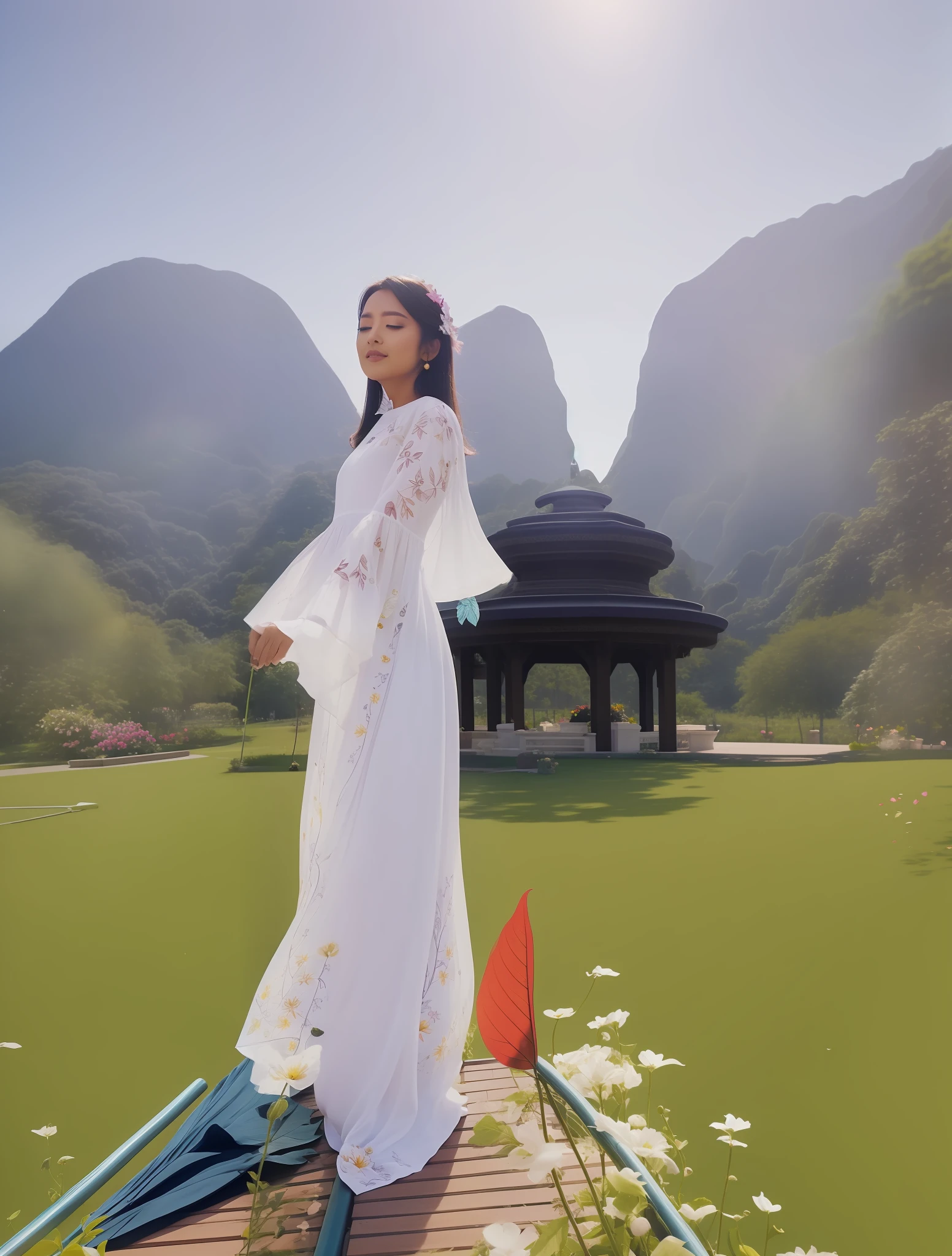fantasy sky, petals and leafs fly around, some flowers in front ground