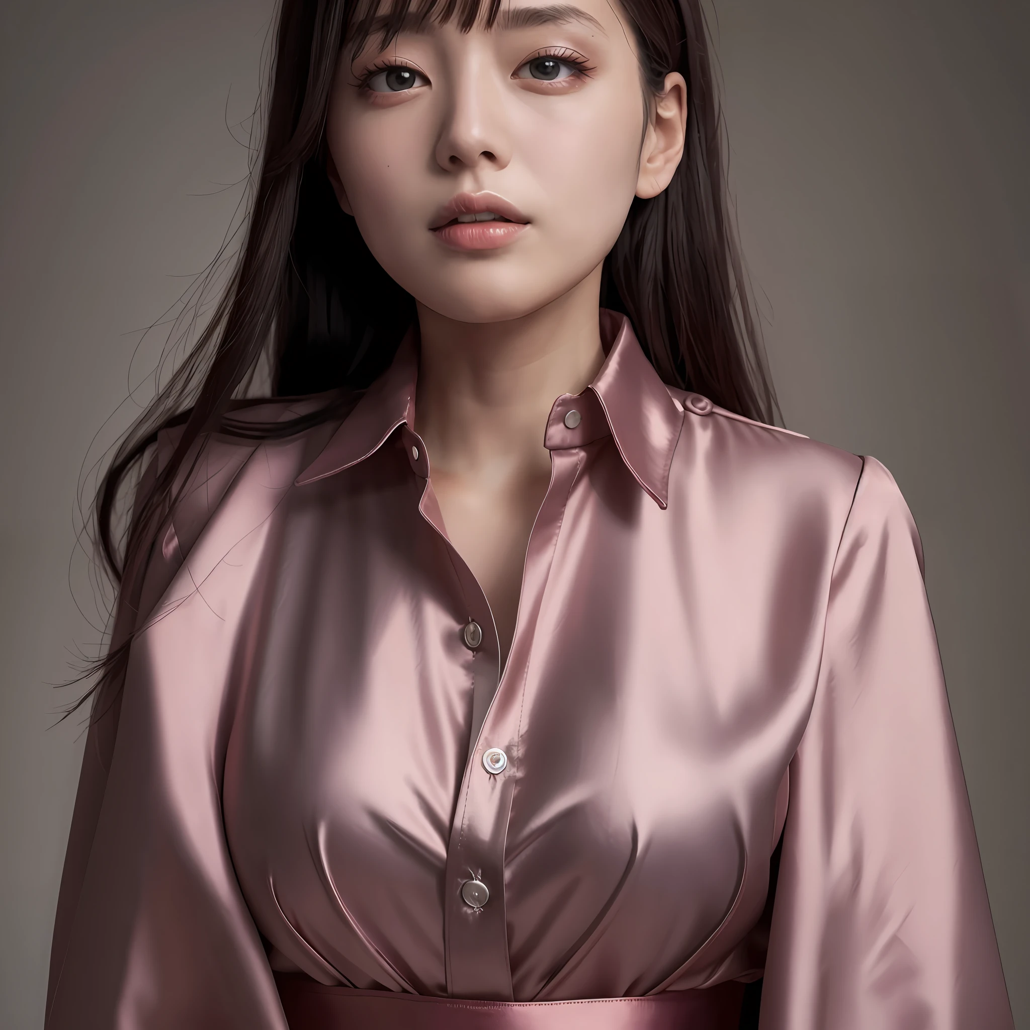 Wearing a satin blouse, also wearing a satent wrench coat, the material of the blouse and trench coat is satin, strong glossy, soft and smooth and smooth to the touch, the buttons on the front of the blouse are fastened, no bra is on, the blouse is fit the body, the chest is C cup, Japan fashion model, wearing a shirt, wearing a coat, one beautiful woman