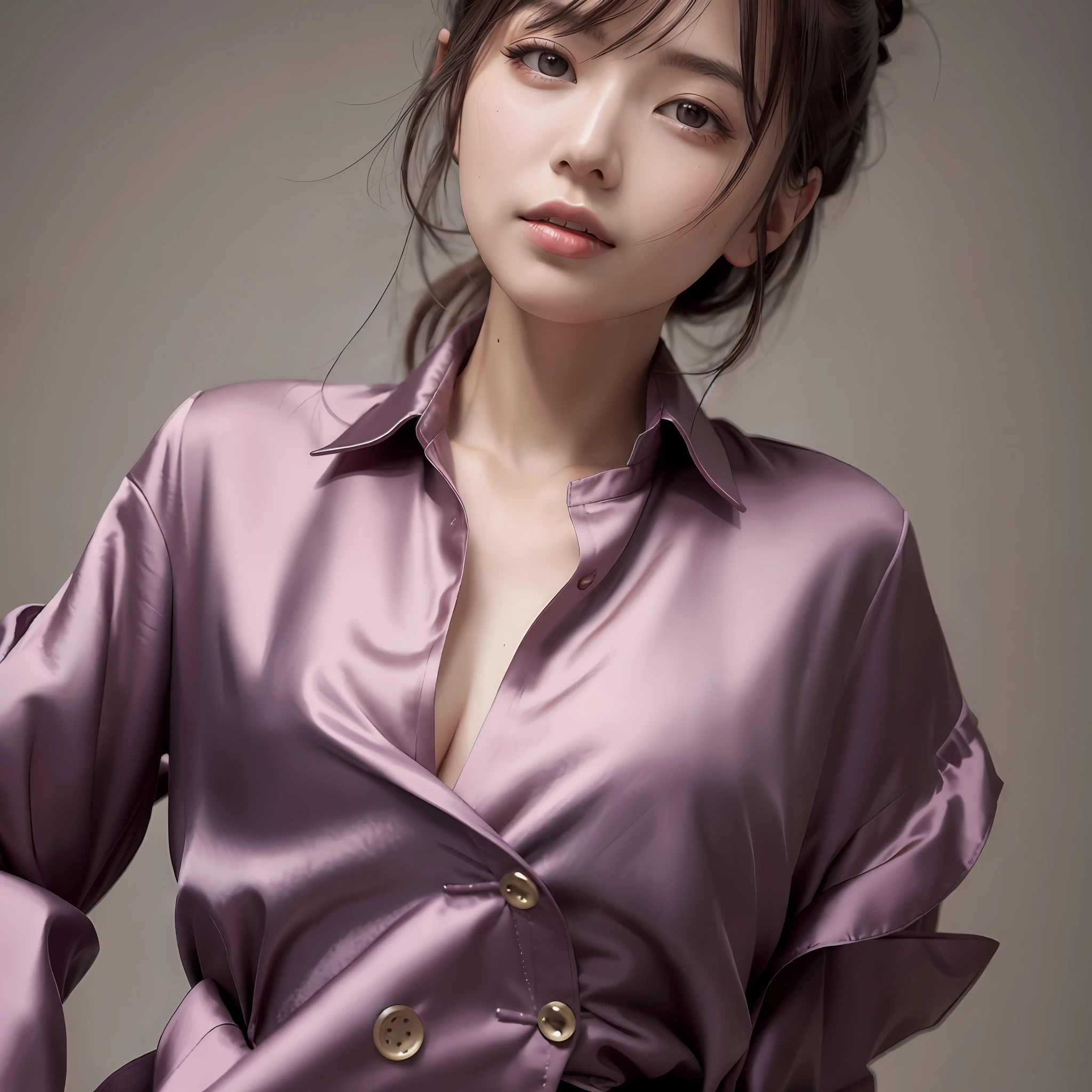Wearing a satin blouse, also wearing a satent wrench coat, the material of the blouse and trench coat is satin, strong glossy, soft and smooth and smooth to the touch, the buttons on the front of the blouse are fastened, no bra is on, the blouse is fit the body, the chest is C cup, Japan fashion model, wearing a shirt, wearing a coat, one beautiful woman