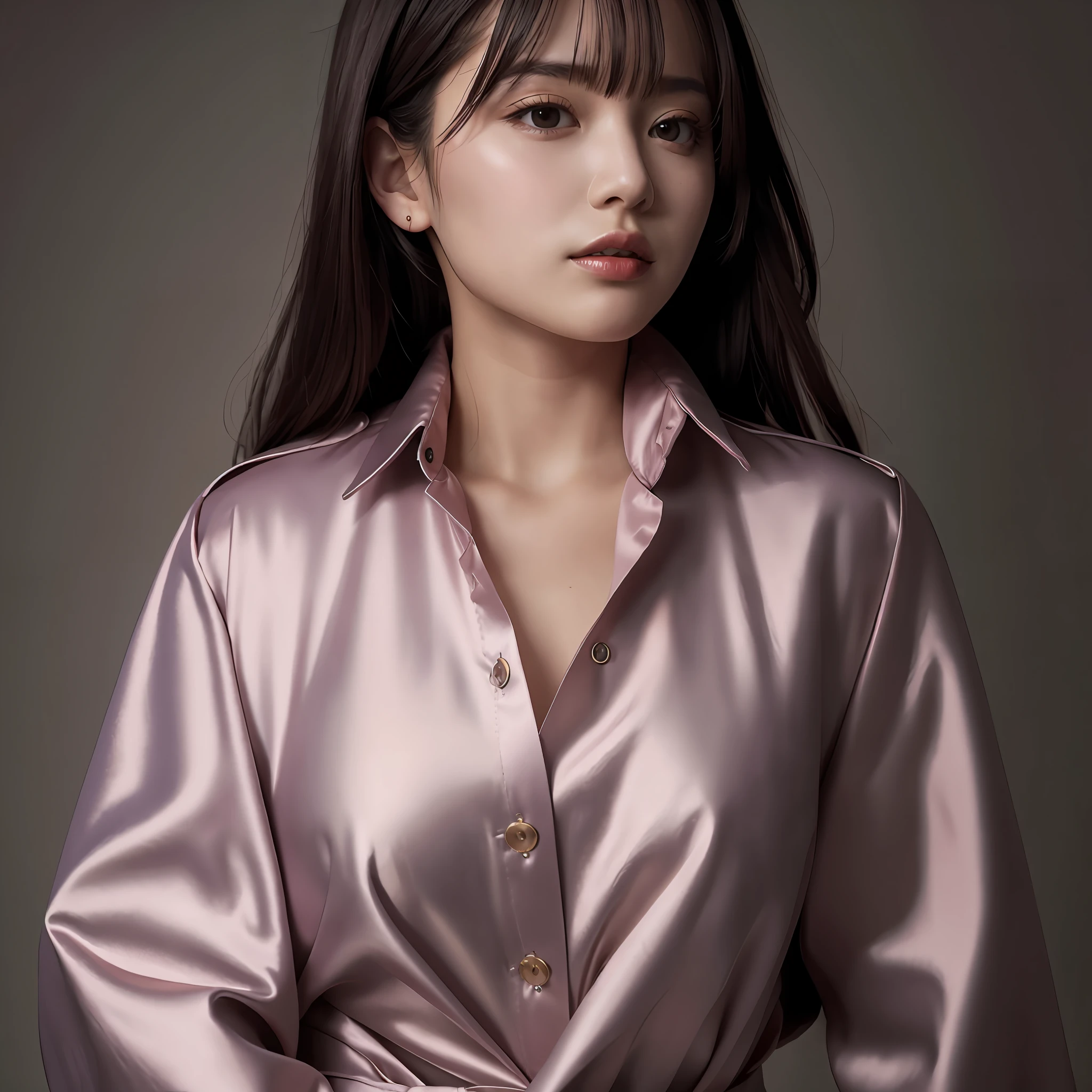 Wearing a satin blouse, also wearing a satent wrench coat, the material of the blouse and trench coat is satin, strong glossy, soft and smooth and smooth to the touch, the buttons on the front of the blouse are fastened, no bra is on, the blouse is fit the body, the chest is C cup, Japan fashion model, wearing a shirt, wearing a coat, one beautiful woman
