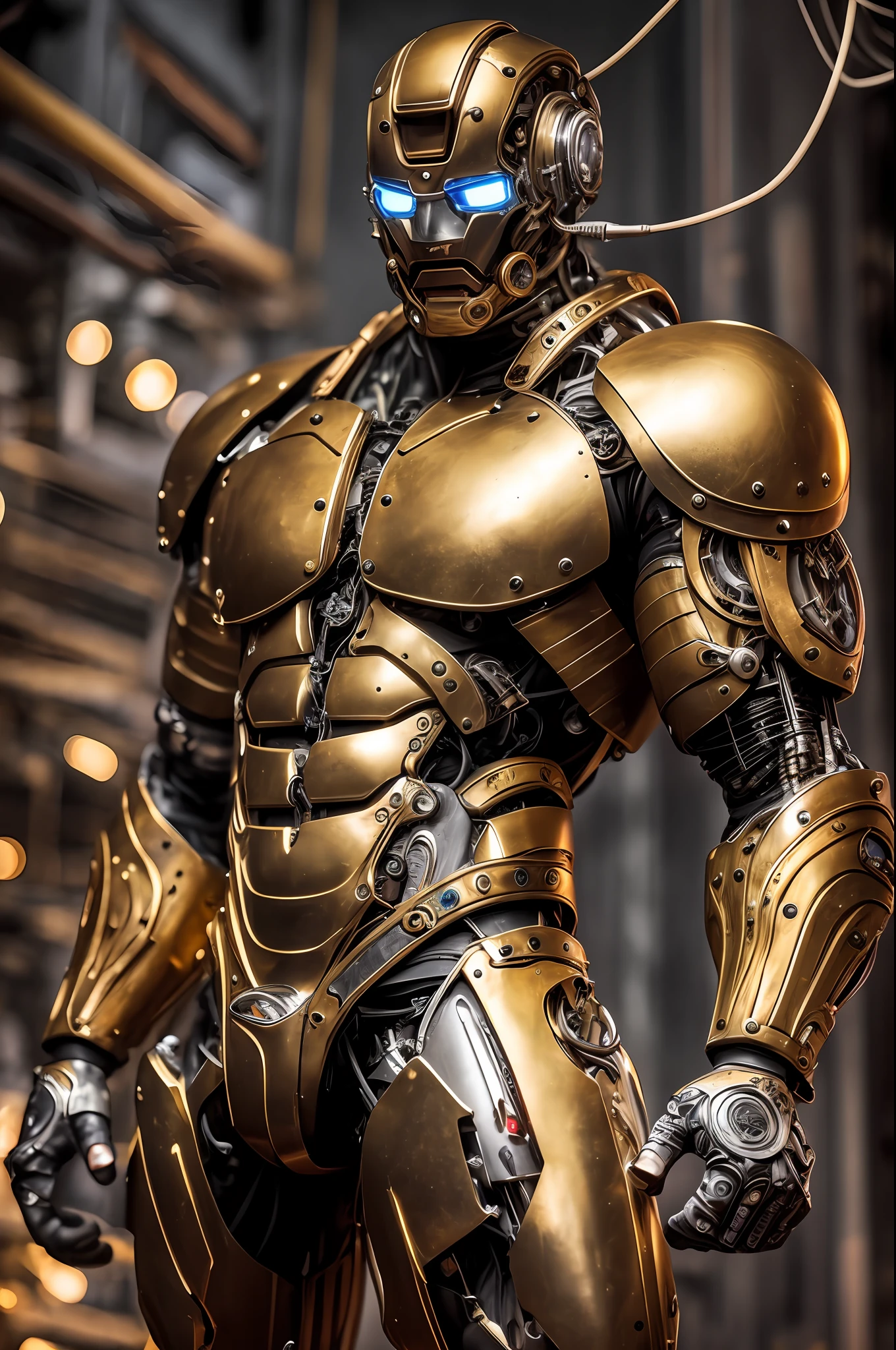 (Very attractive) muscular cyborg mature man with a (model face), chisled features, exposed wires, gold oil leaking from rusty wires, lights, extremely asthetically chiseled physique, old destress metal, huge Crotch bulge, --auto --s2