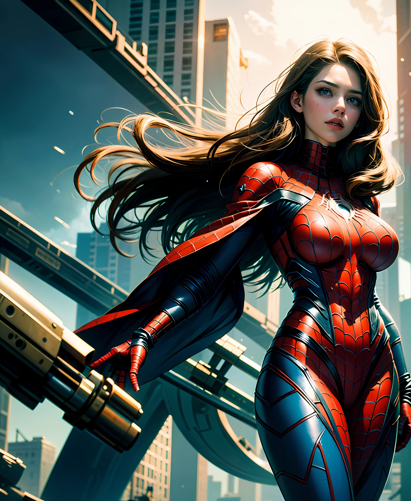 Unity wallpaper, super detailed, beauty and aesthetics, beauty, masterpiece, best quality, masterpiece: 1.2, best quality)best quality, masterpiece, super high resolution, realistic, ultra-realistic detail, sharp focus, (real picture, meticulous, depth of field), ((masterpiece, super-detailed, super detailed, high resolution)), solo, beautiful girl, sparkling eyes, perfect eyes, 20 years old, high detail, perfect face shape, perfect body, oversize model, mature woman, tall long legs, big breasts, 16k, magic style, best quality, masterpiece, (rainbow sugar: 0.8), (half: 1.3), cool tones, low saturation, sarcasm, there is a girl in the sky, wearing a Spider-Man costume, she is Spider-Man, superhero theme, long black hair, 20 years old, full body, best angle, masterpiece photography, masterpiece: 1.2, best quality), full body, realistic, (real picture, Finely crafted, depth of field), cleft lip, high detail, perfect face shape, perfect body, oversize model, mature woman, tall long legs, big breasts,
