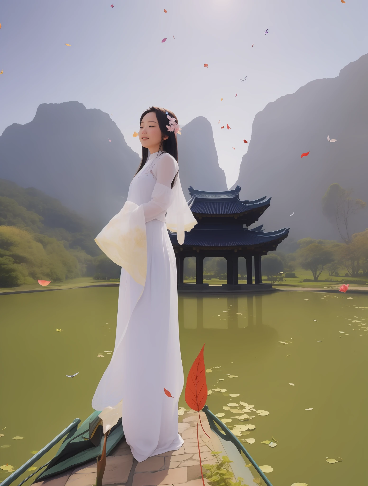 fantasy sky, petals and leafs fly around,
