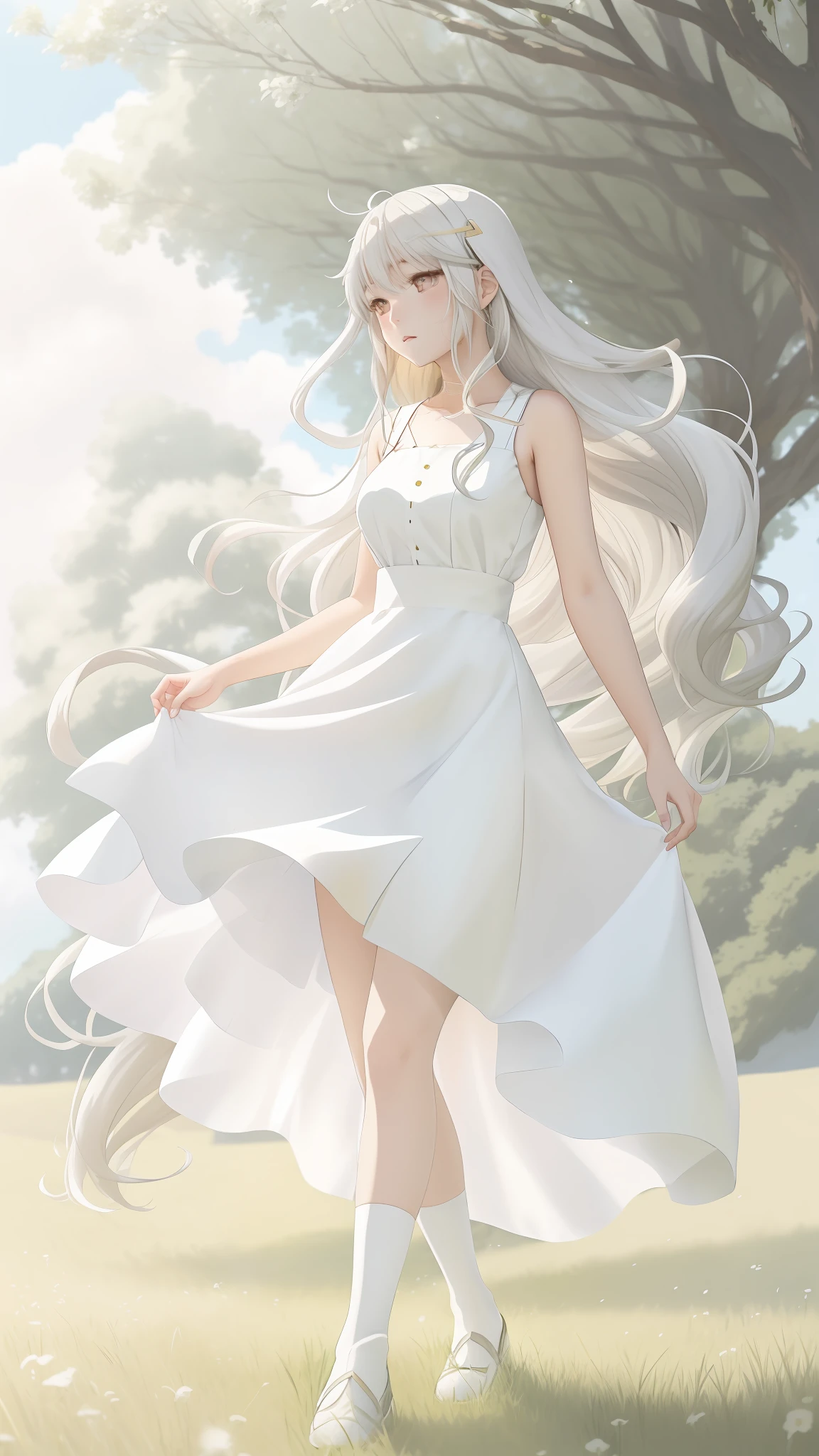 anime girl in a white dress walking in a field of grass, loli in dress, blonde anime girl with long hair, white dress!! of silver hair, cute anime waifu in a nice dress, wearing a flowing dress, flowing dress, flowing white dress, beautiful anime girl, anime girl with long hair, wearing a white flowing dress, beautiful anime woman, flowing white hair