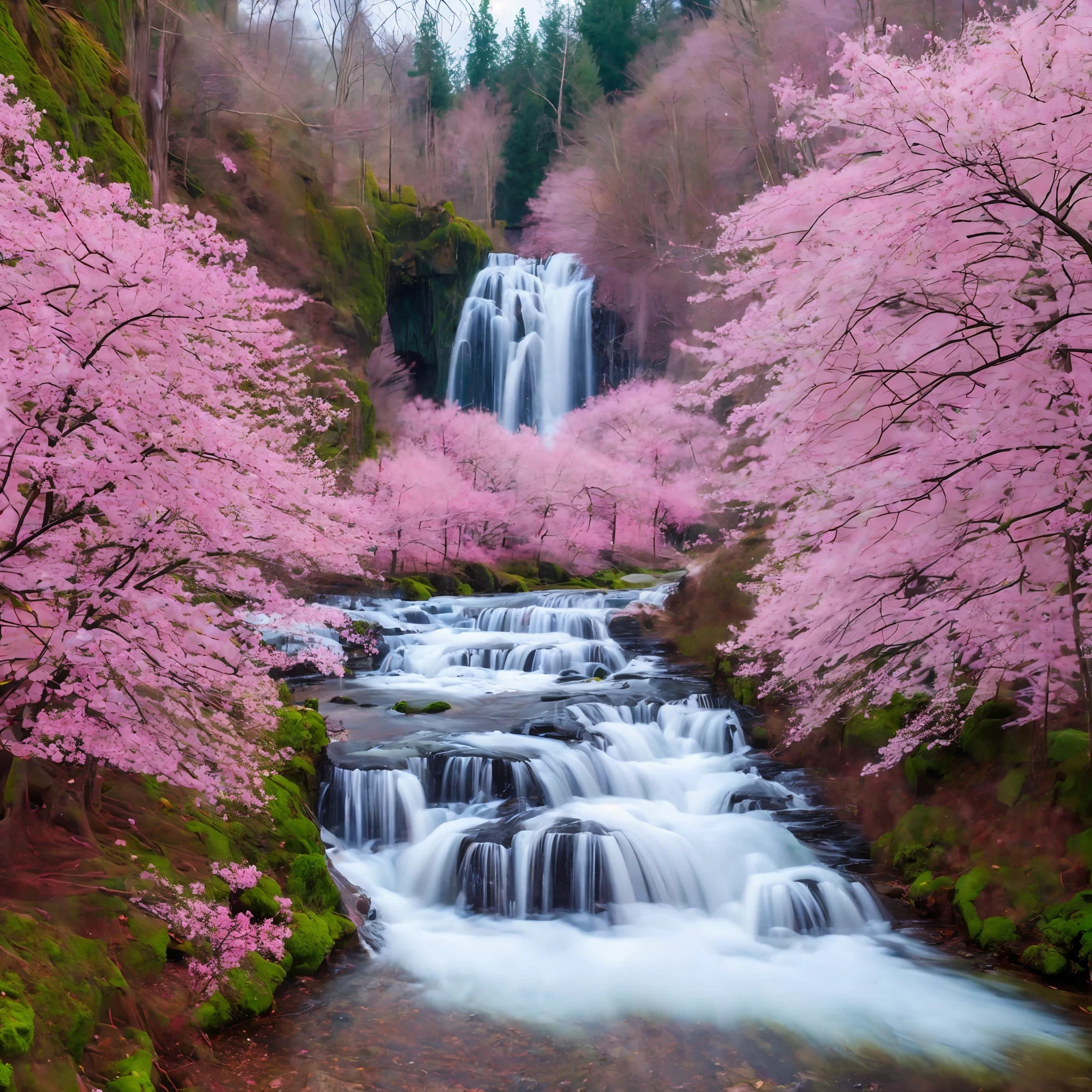 Vast forested landscape, river cutting through the land, small waterfall, dynamic scenes, bright colors, rows of cherry blossom trees, cherry blossom blizzard